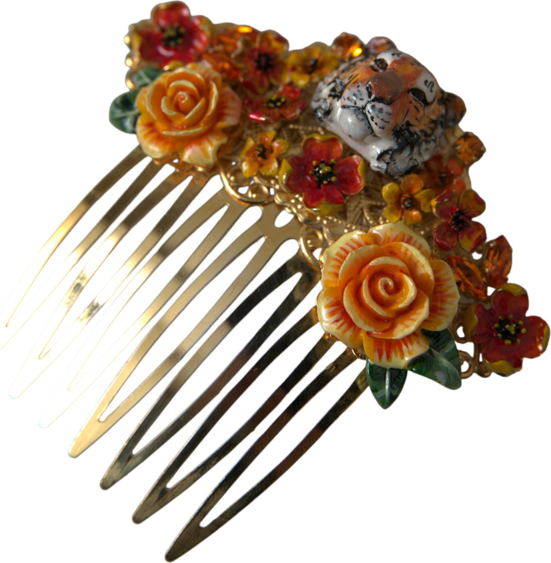 Hair Comb Dolce & Gabbana Gold Brass Crystal Leopard Floral
