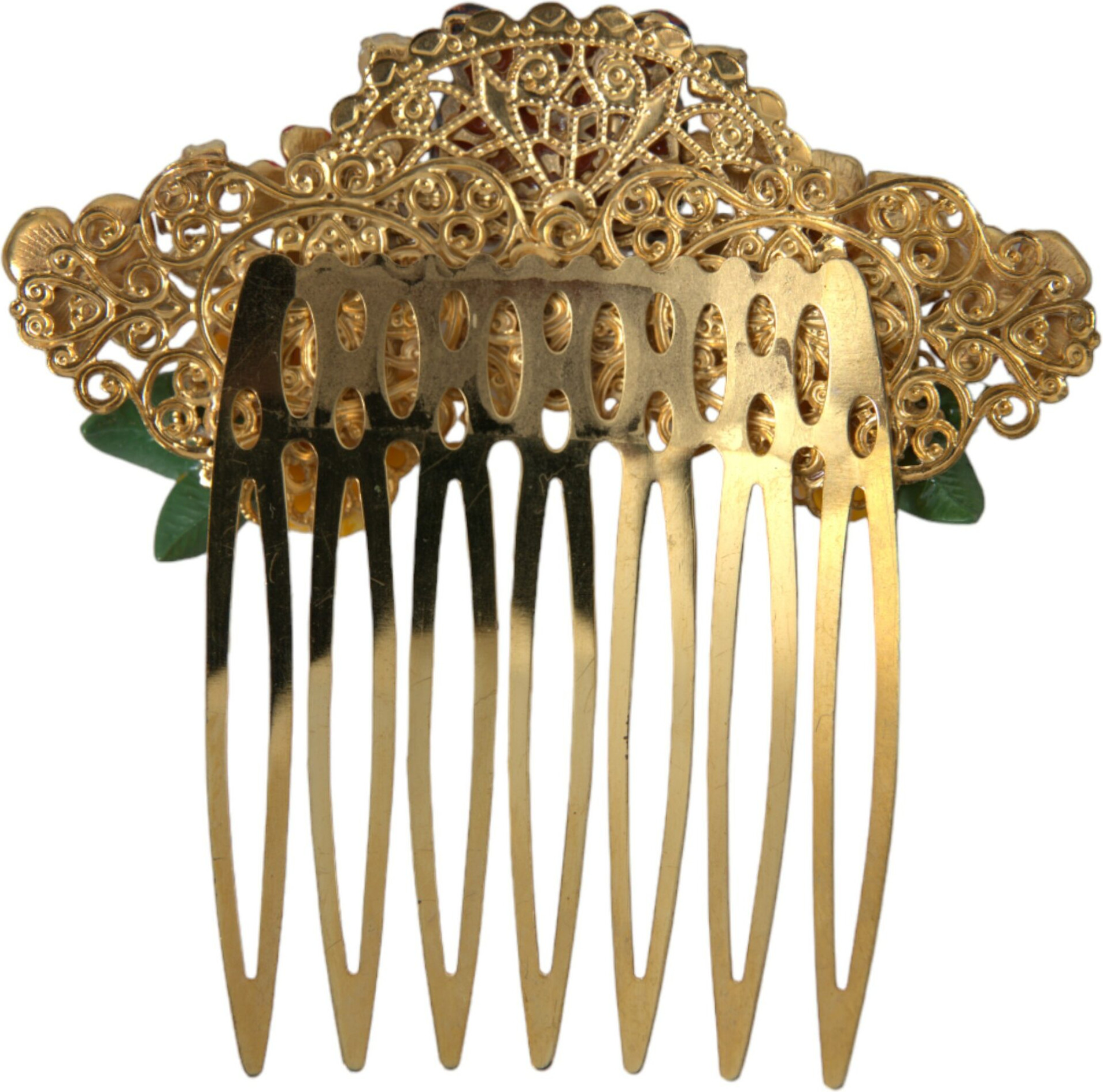 Hair Comb Dolce & Gabbana Gold Brass Crystal Leopard Floral