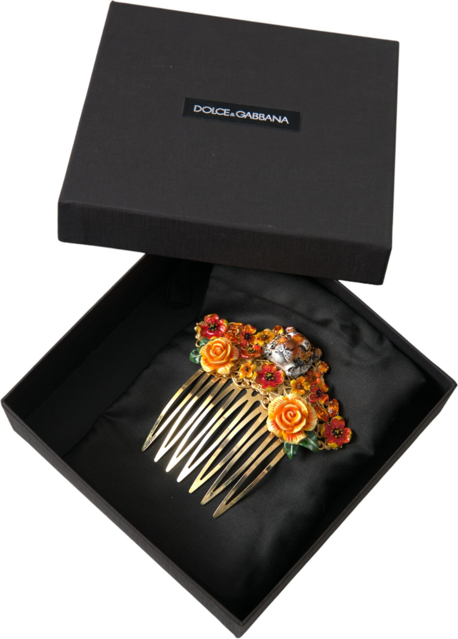 Hair Comb Dolce & Gabbana Gold Brass Crystal Leopard Floral