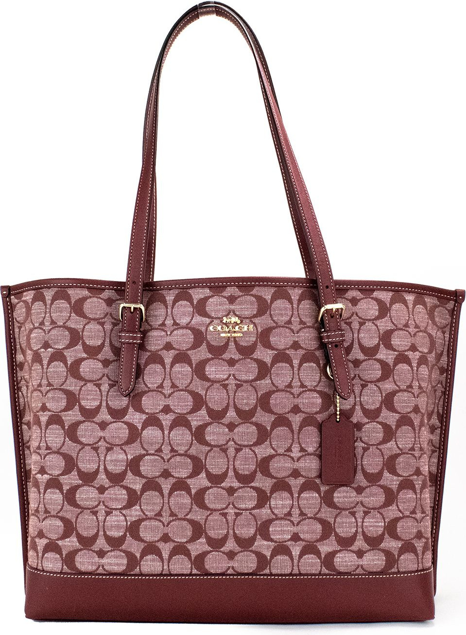 Handbag Coach Mollie Wine Signature Denim Canvas Leather Tote