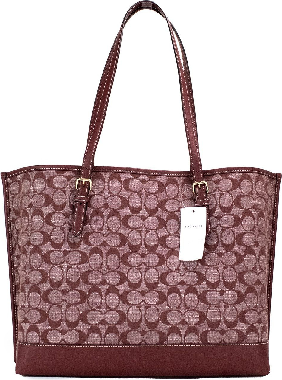 Handbag Coach Mollie Wine Signature Denim Canvas Leather Tote