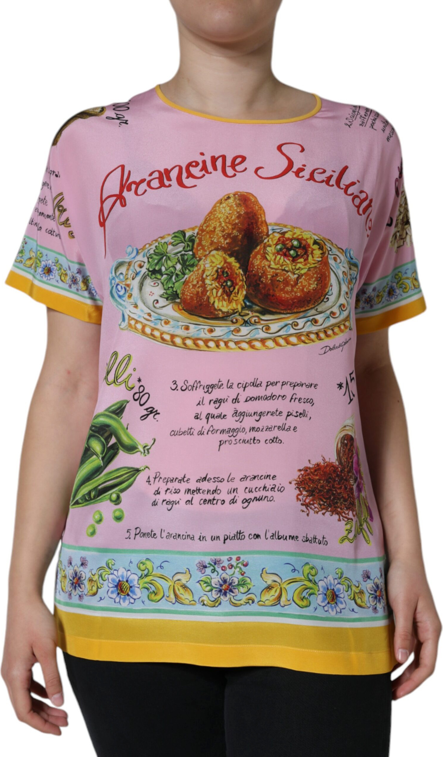 Топ Dolce & Gabbana Розовый Шелковый с Принтом Araneine Siciliana С Коротким Рукавом