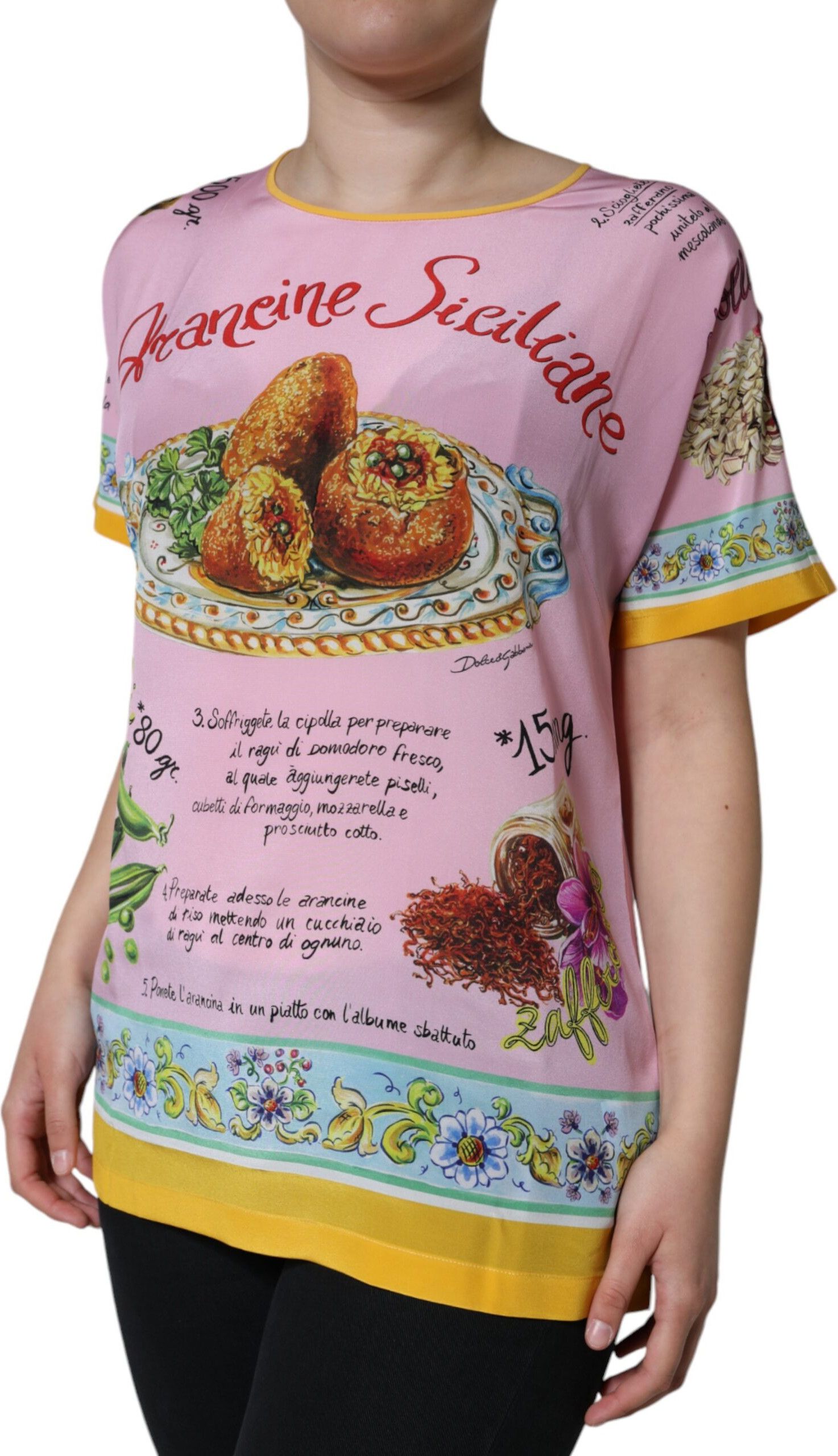Топ Dolce & Gabbana Розовый Шелковый с Принтом Araneine Siciliana С Коротким Рукавом