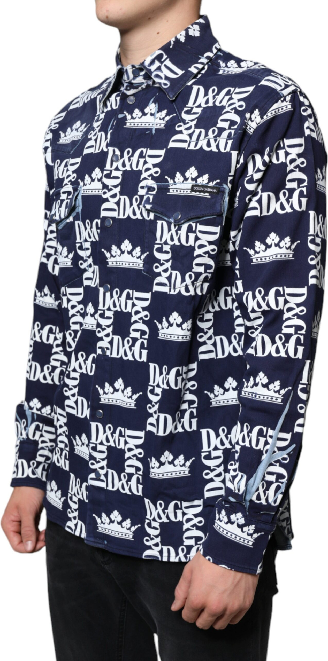 Рубашка Dolce & Gabbana Синяя Рубашка Из Хлопка Приталенного Кроя С Принтом Короны