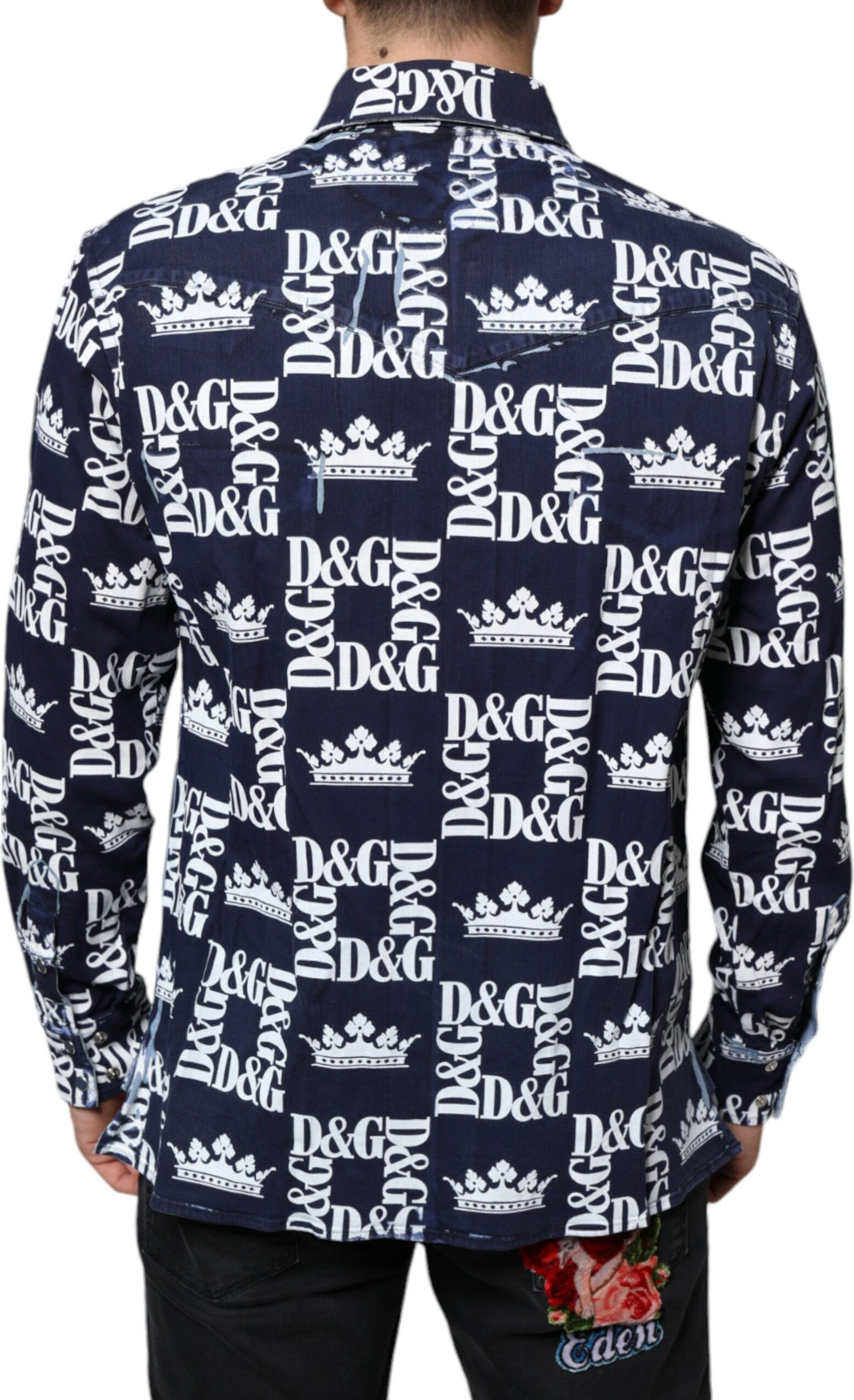 Рубашка Dolce & Gabbana Синяя Рубашка Из Хлопка Приталенного Кроя С Принтом Короны