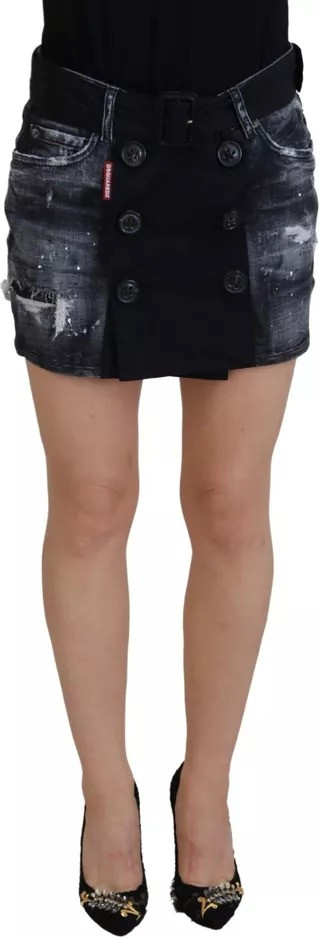 Black Distressed Mid Waist A-line Denim Mini Skirt Dsquared2