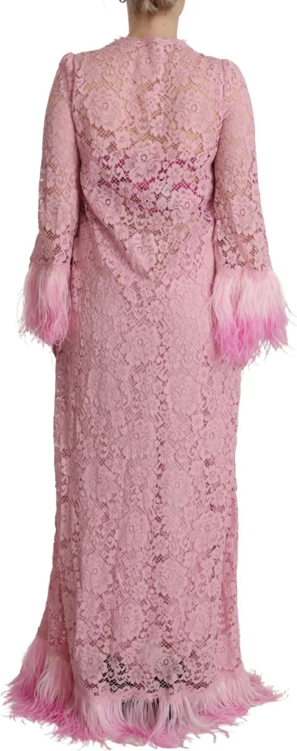 Shift Lilac Lace Feathers Long Sleeves Dress Dolce & Gabbana