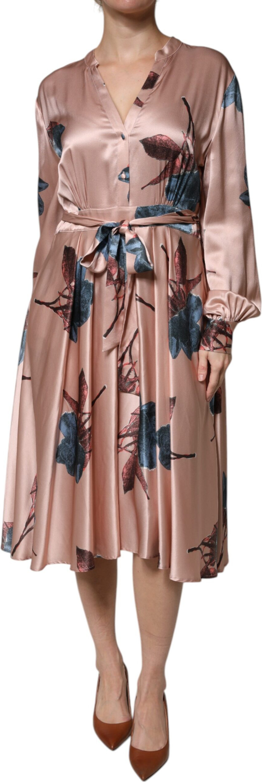 Dress L'Autre Chose Pink Satin Floral Long Sleeves A-line Midi Dress