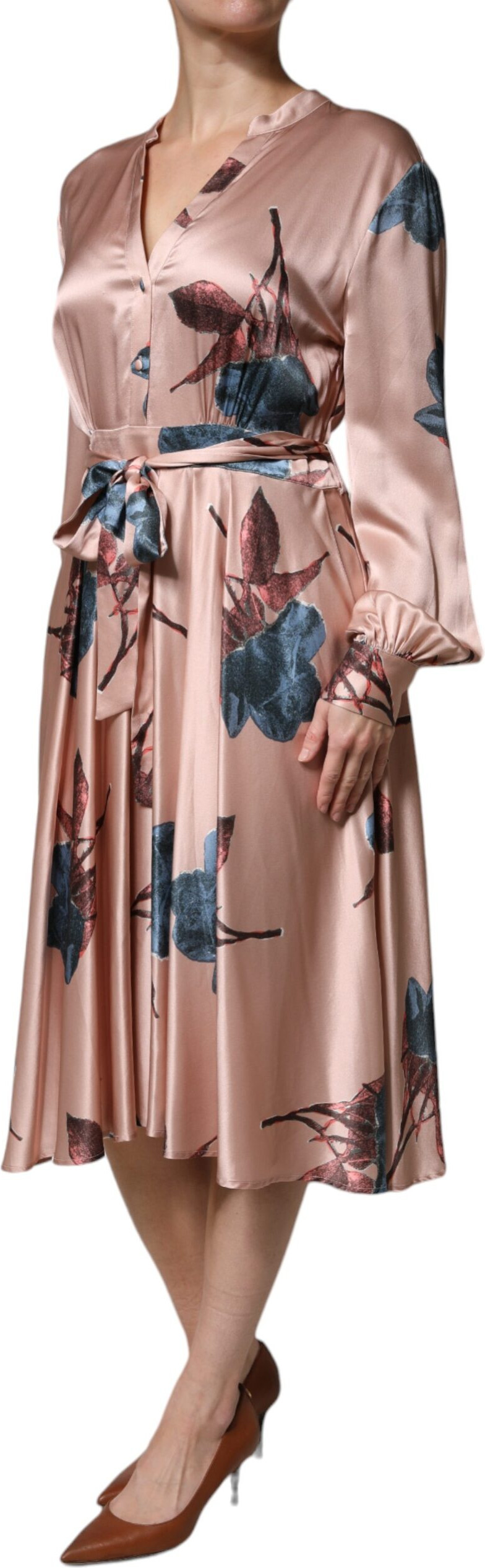 Dress L'Autre Chose Pink Satin Floral Long Sleeves A-line Midi Dress