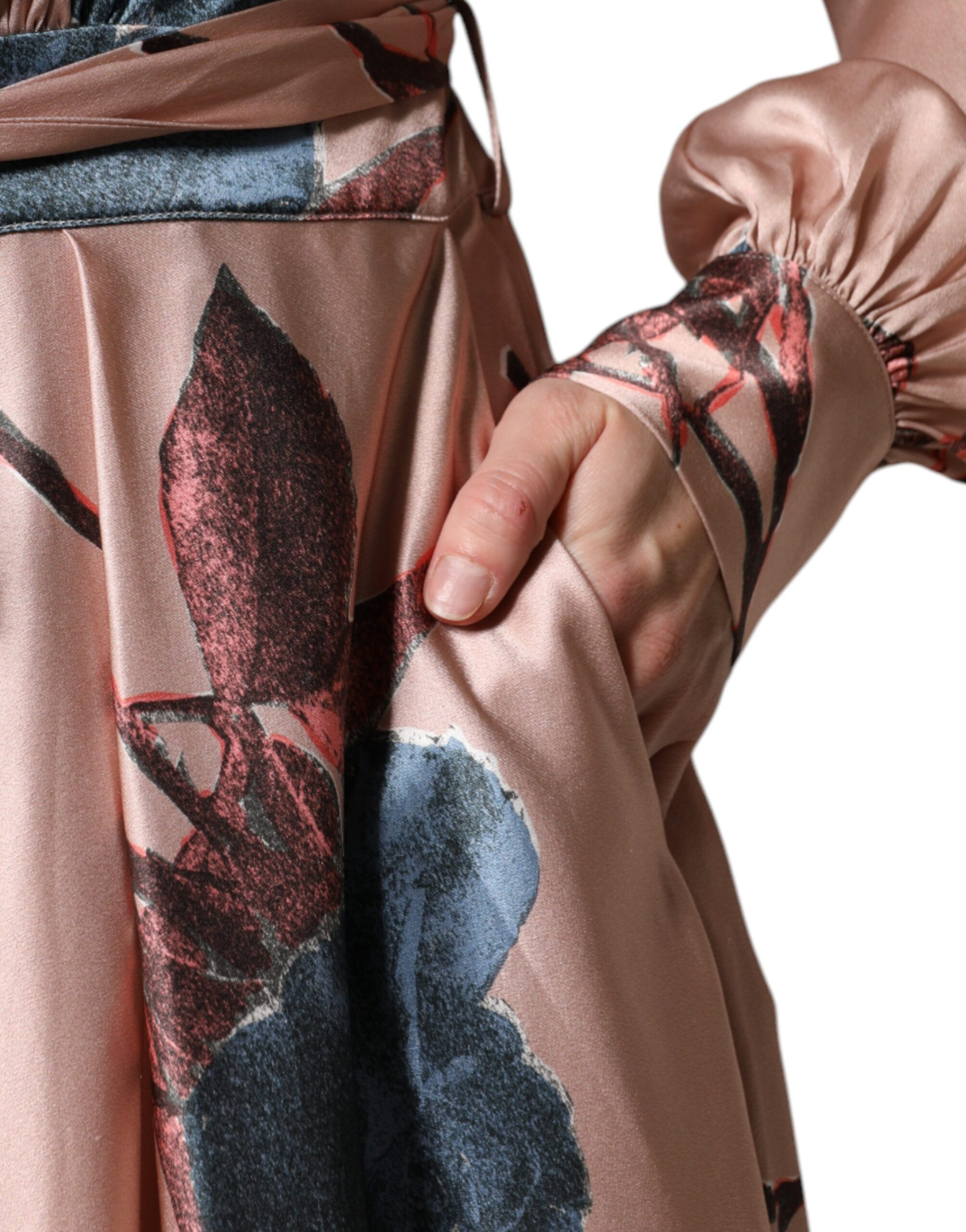 Dress L'Autre Chose Pink Satin Floral Long Sleeves A-line Midi Dress