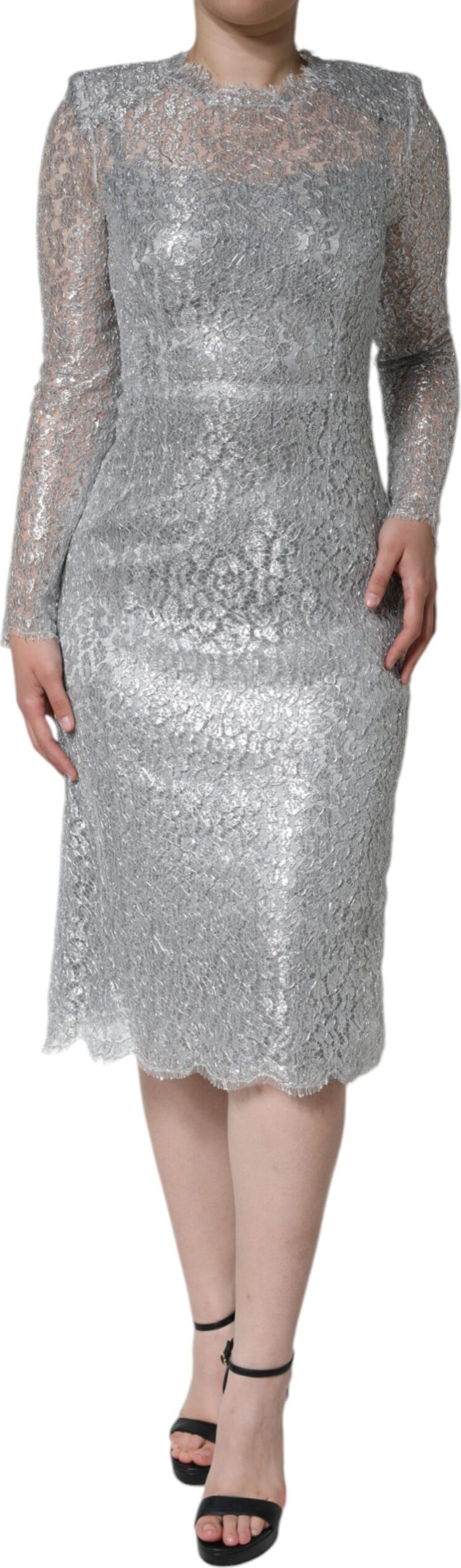 Silver Floral Lace Sheath Midi Dress Dolce & Gabbana