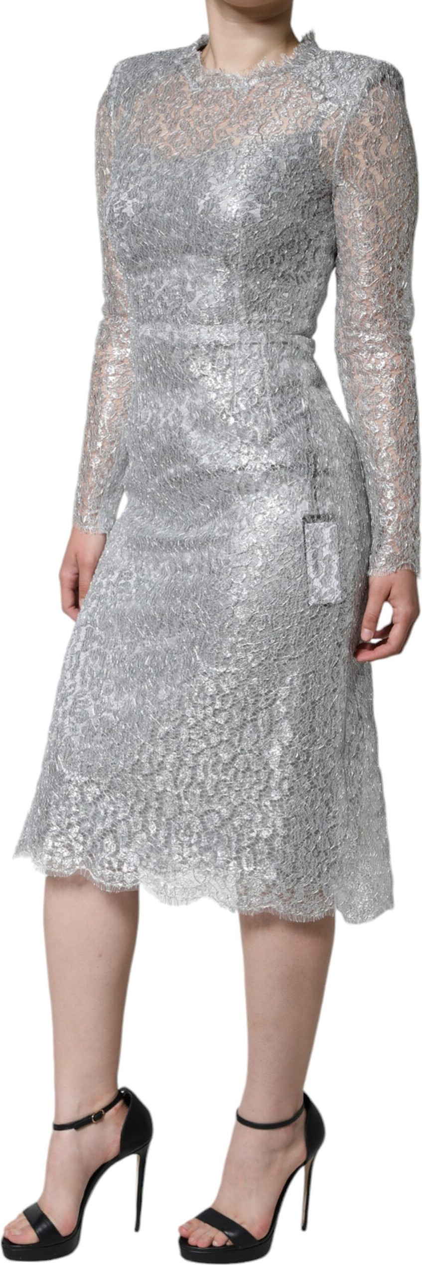 Silver Floral Lace Sheath Midi Dress Dolce & Gabbana