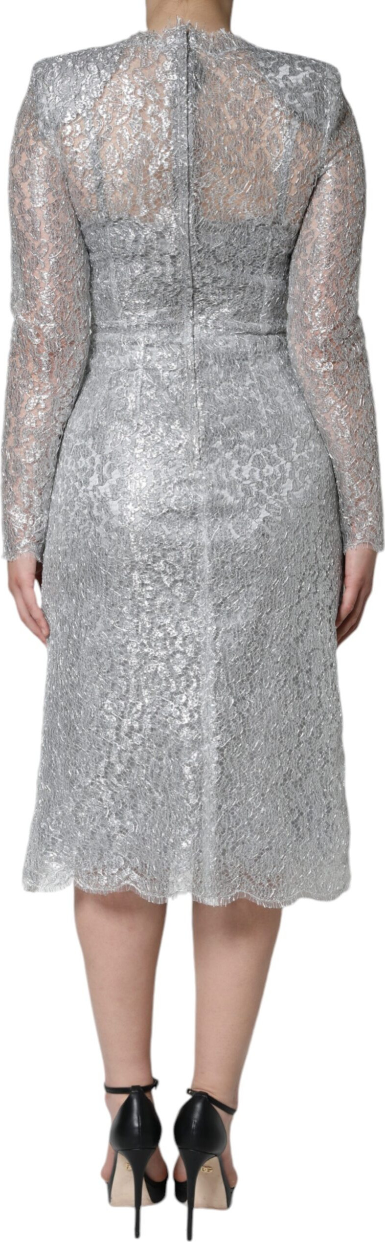 Silver Floral Lace Sheath Midi Dress Dolce & Gabbana