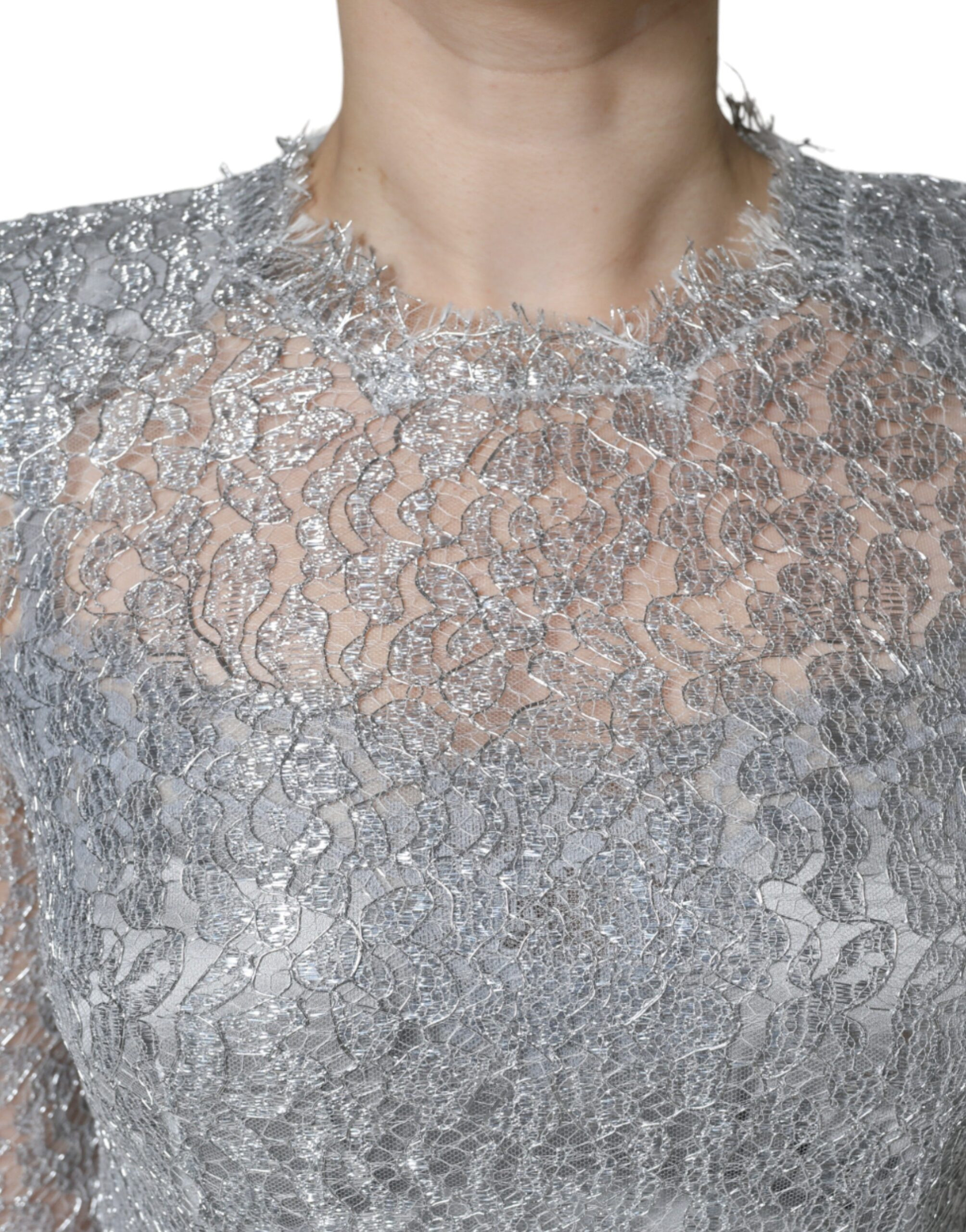 Silver Floral Lace Sheath Midi Dress Dolce & Gabbana
