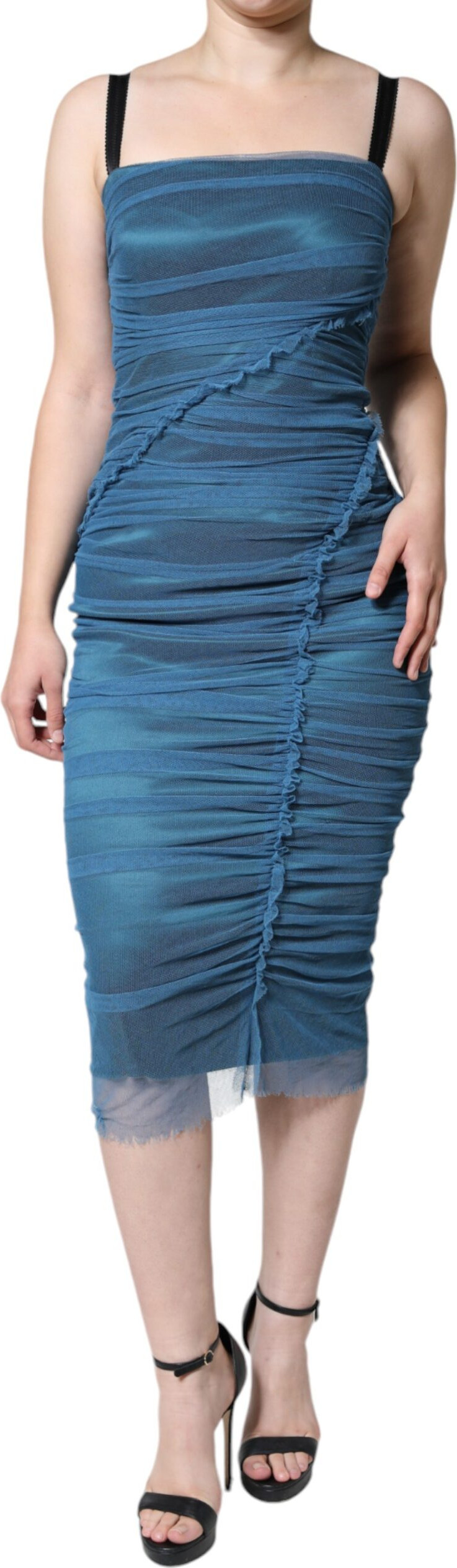 Blue Mesh Trim Ruched Tulle Sheath Dress Dolce & Gabbana
