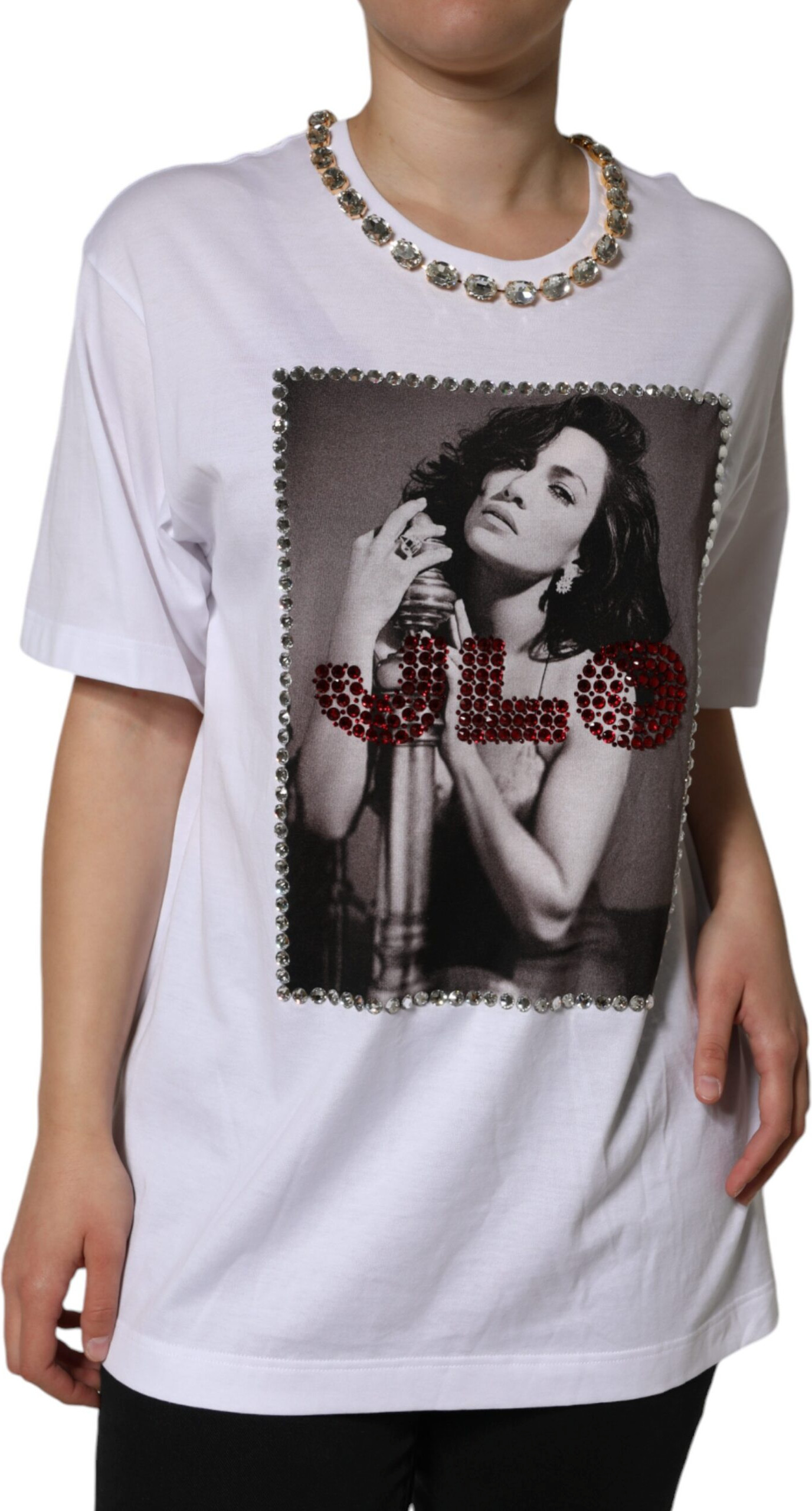 White Crystal Neckline Embellished Printed T-shirt Dolce & Gabbana