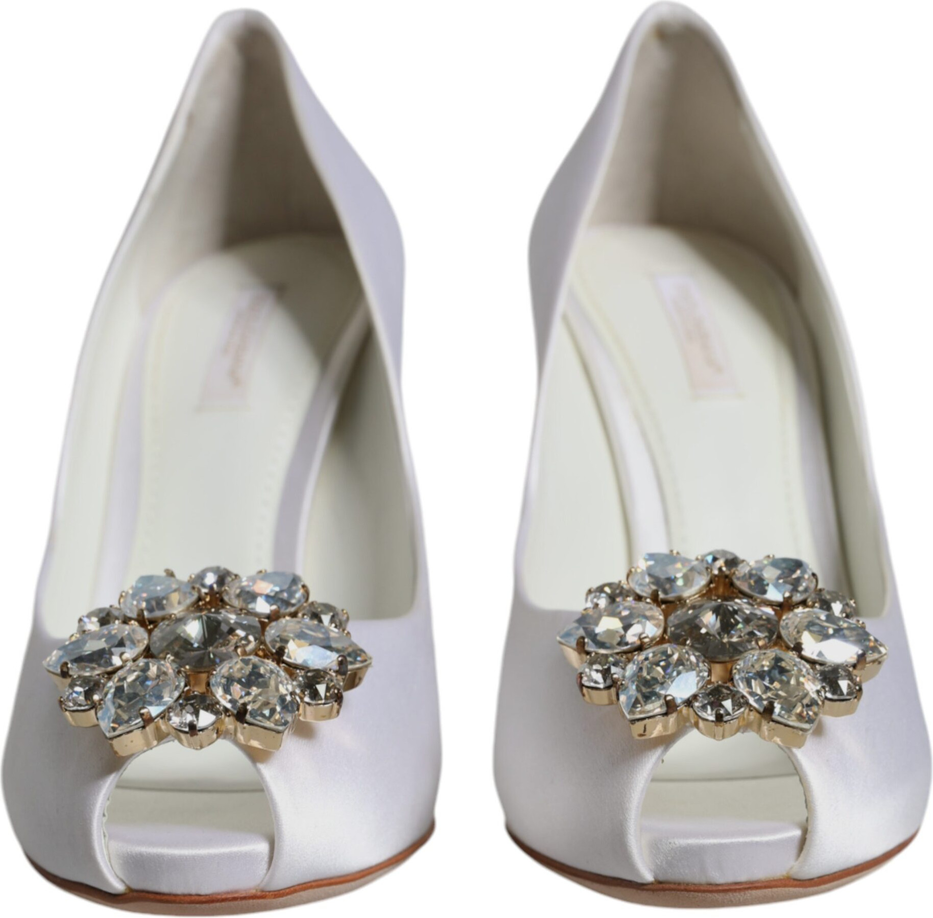 Shoes Dolce & Gabbana White Crystals Peep Toe Satin Pumps