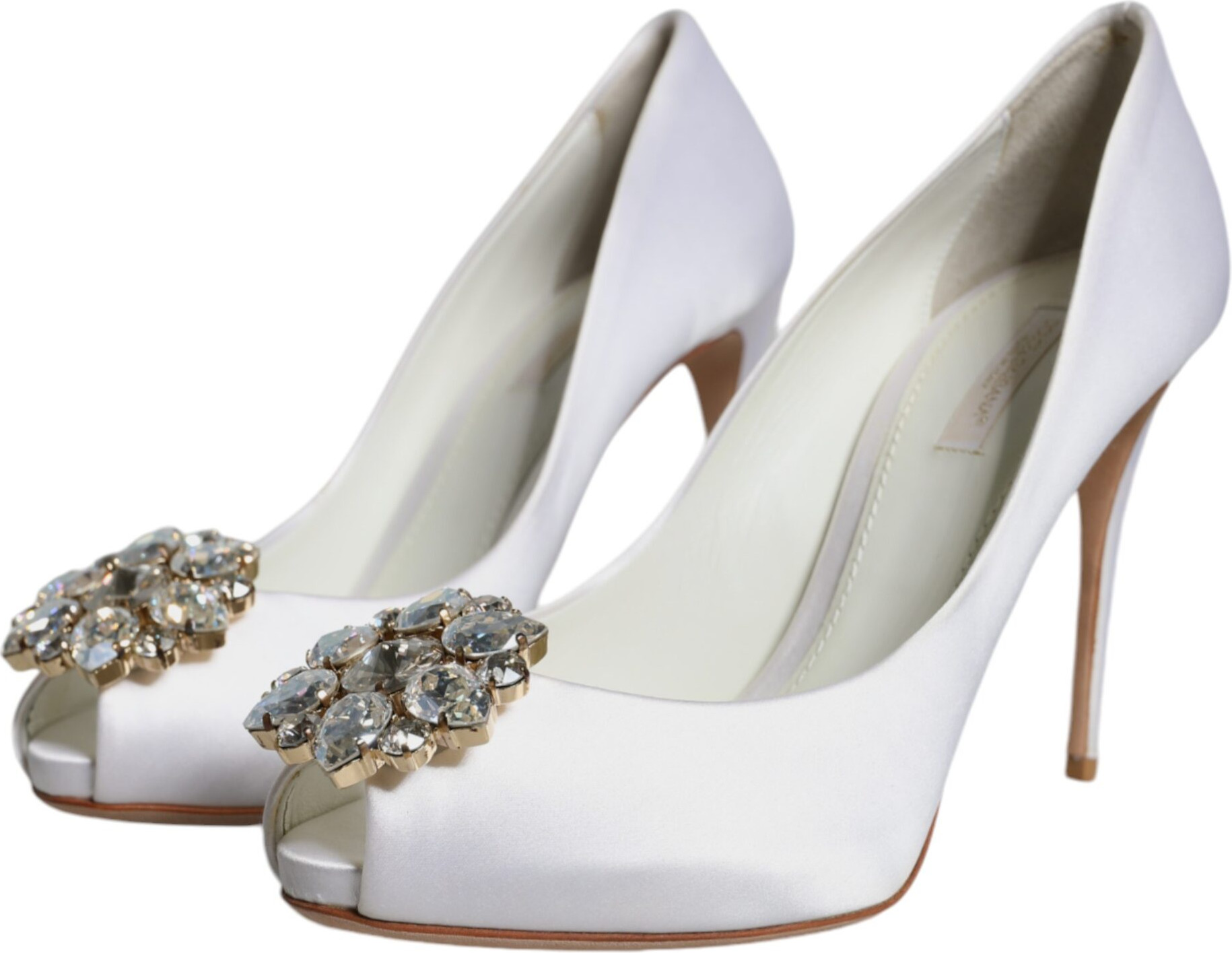 Shoes Dolce & Gabbana White Crystals Peep Toe Satin Pumps