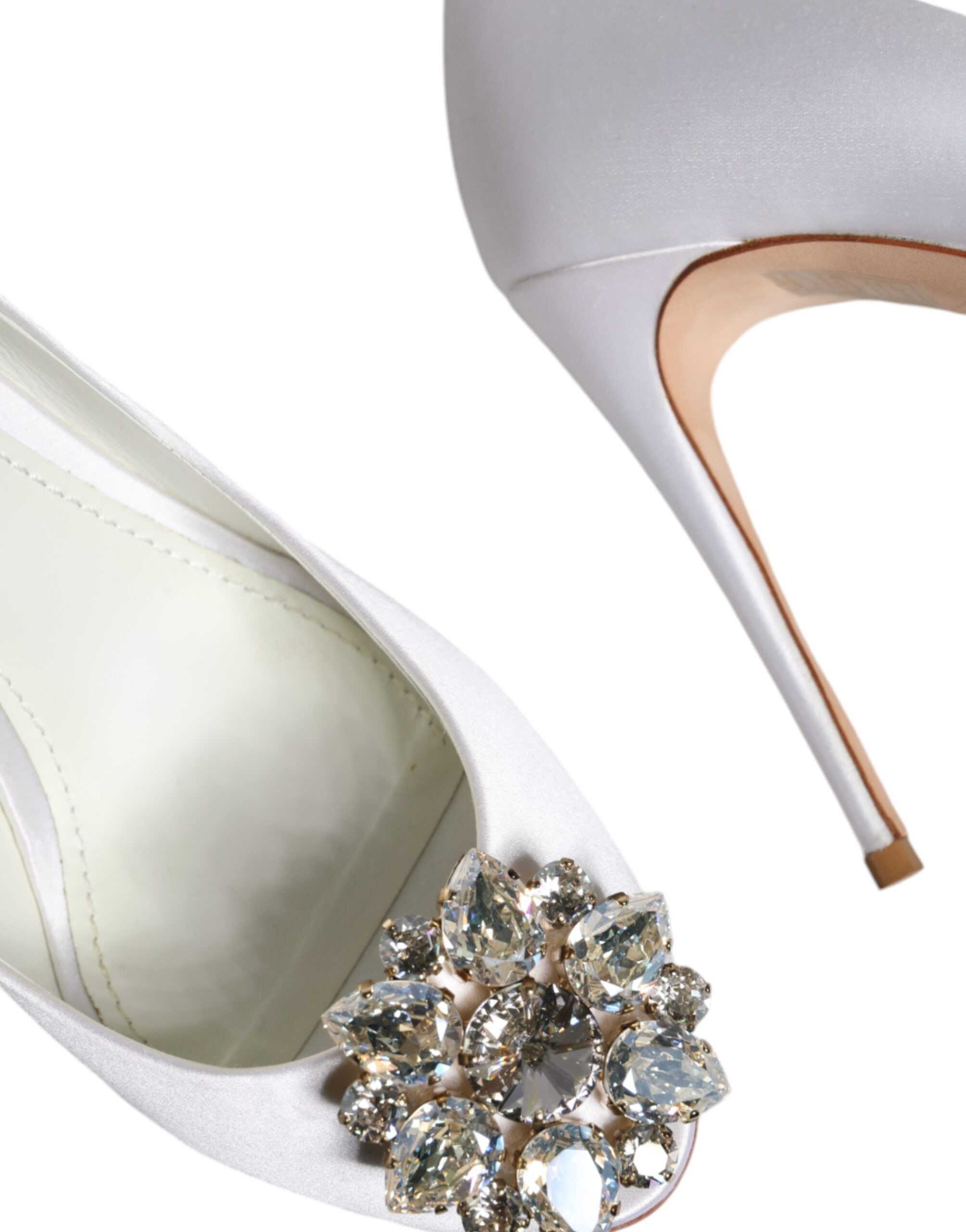 Shoes Dolce & Gabbana White Crystals Peep Toe Satin Pumps