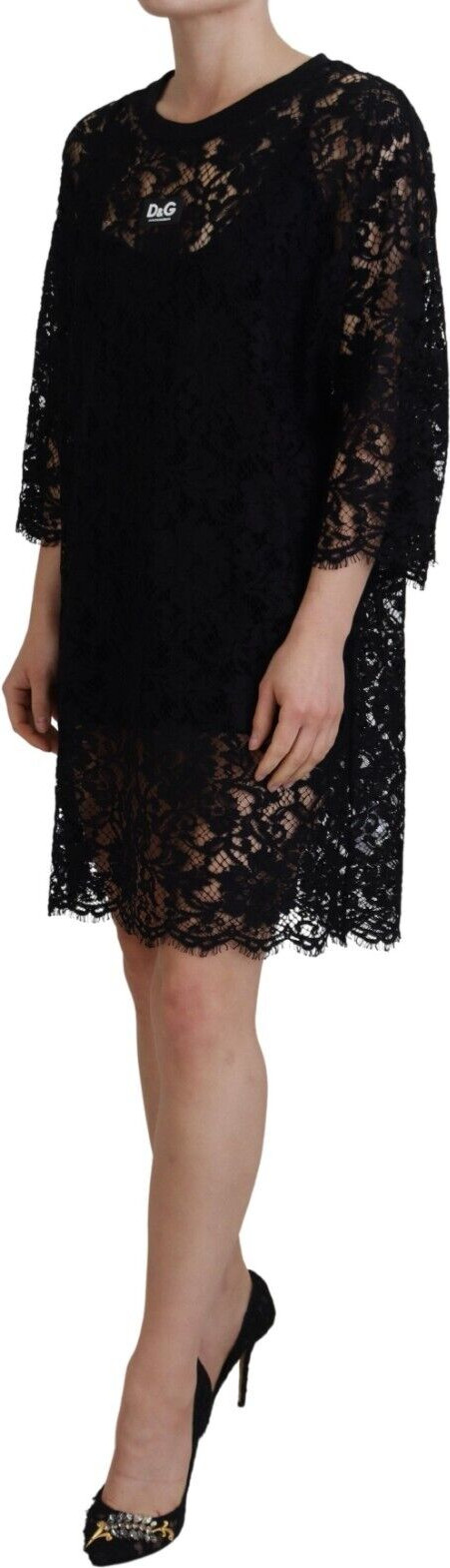 Black Floral Lace Cotton Shift Dress Dolce & Gabbana