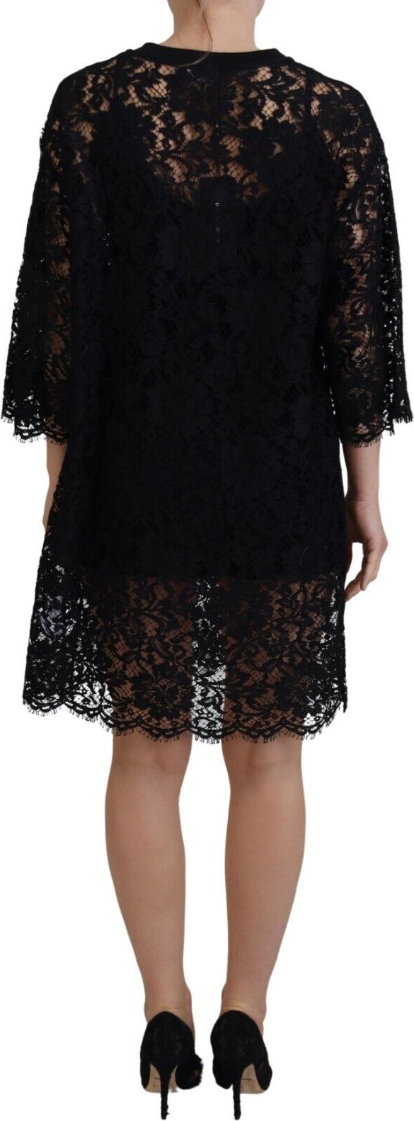 Black Floral Lace Cotton Shift Dress Dolce & Gabbana