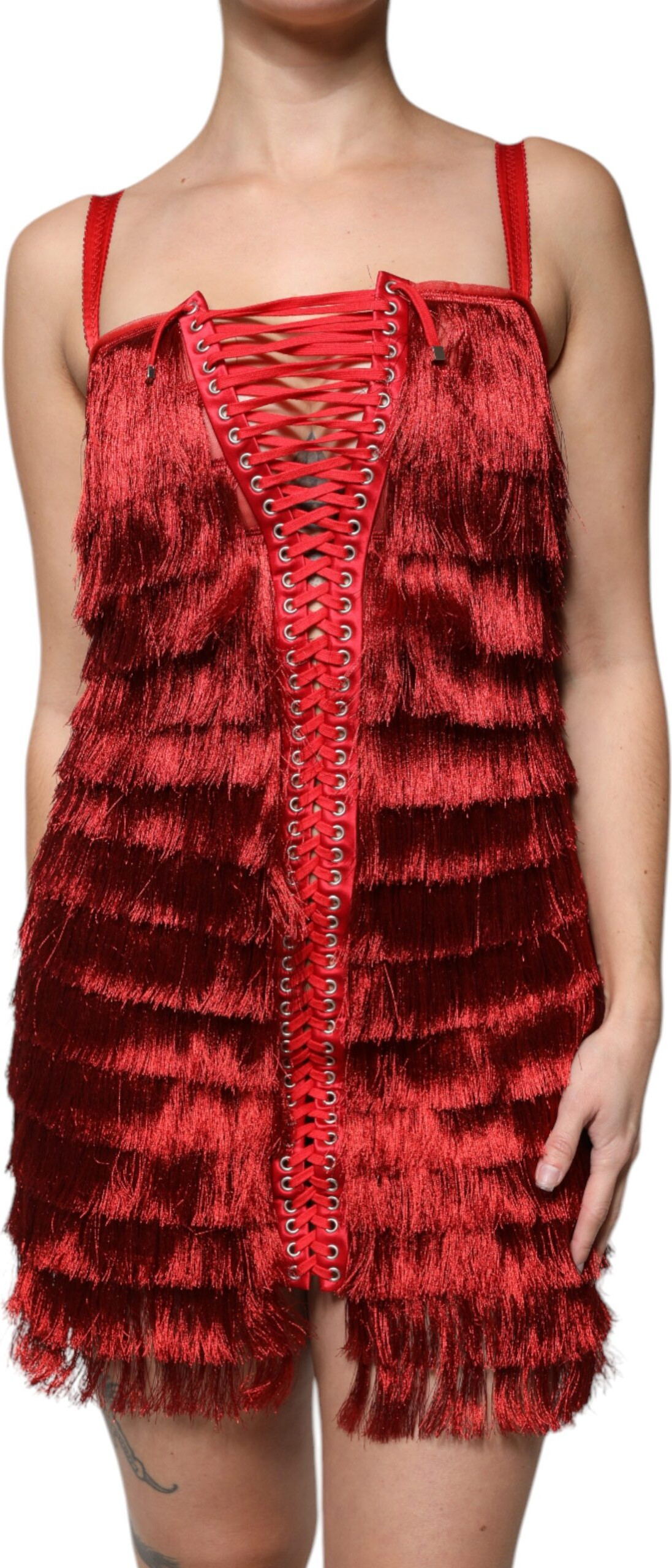 Red Lace Tassel Sleeveless Sheath Mini Dress Dolce & Gabbana