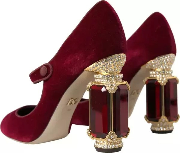 Shoes Dolce & Gabbana Red Velvet Gold Crystals Heels Mary Janes Shoes