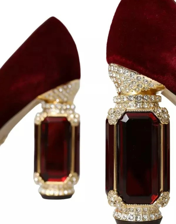 Shoes Dolce & Gabbana Red Velvet Gold Crystals Heels Mary Janes Shoes