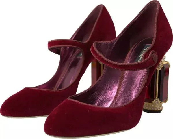 Shoes Dolce & Gabbana Red Velvet Gold Crystals Heels Mary Janes Shoes