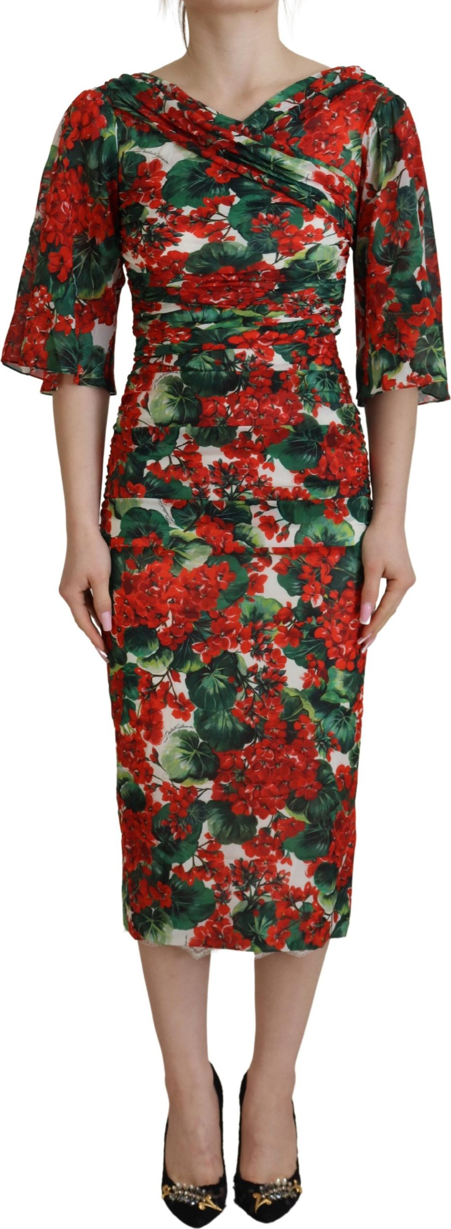 Sheath Dress Dolce & Gabbana Multicolor Geranium Silk Sheath Midi Dress