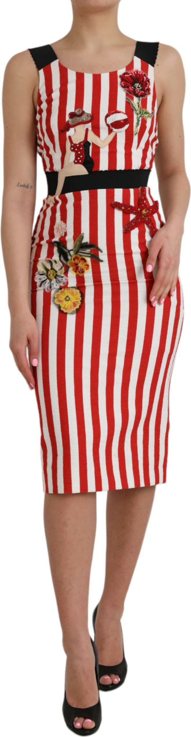 Dolce & Gabbana Red White Floral Sleeveless Sheath Midi Dress
