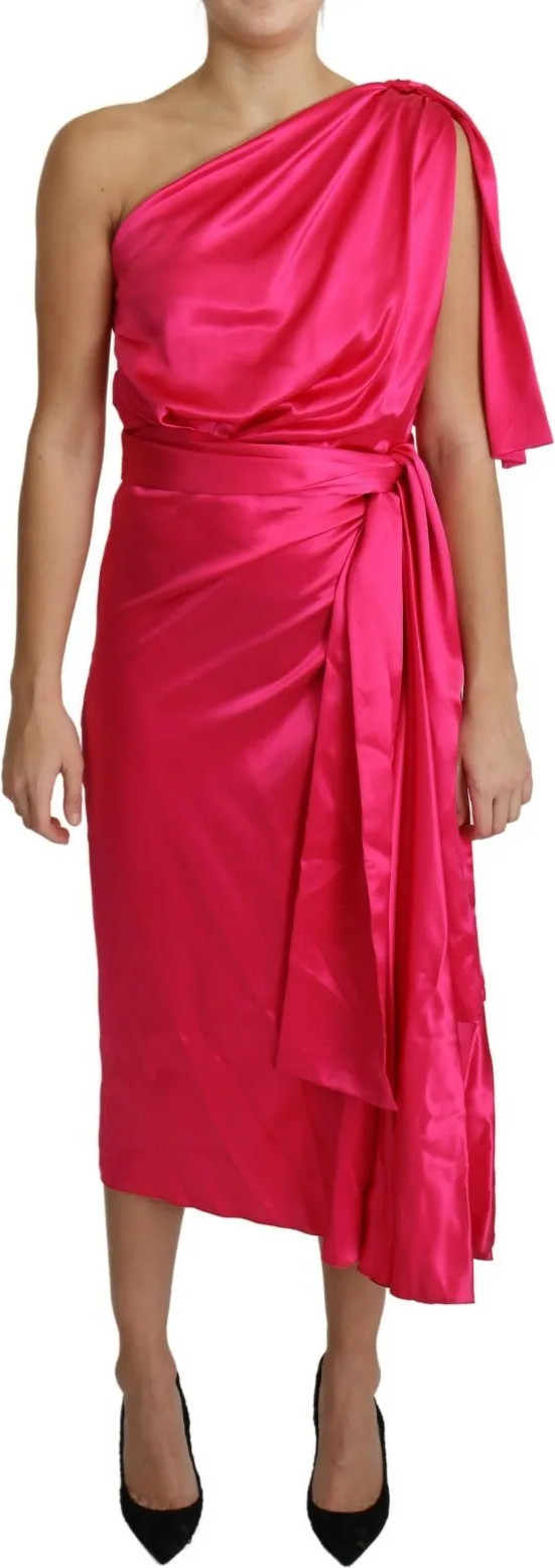 Fuchsia Fitted Cut One Shoulder Midi Dress Dolce & Gabbana