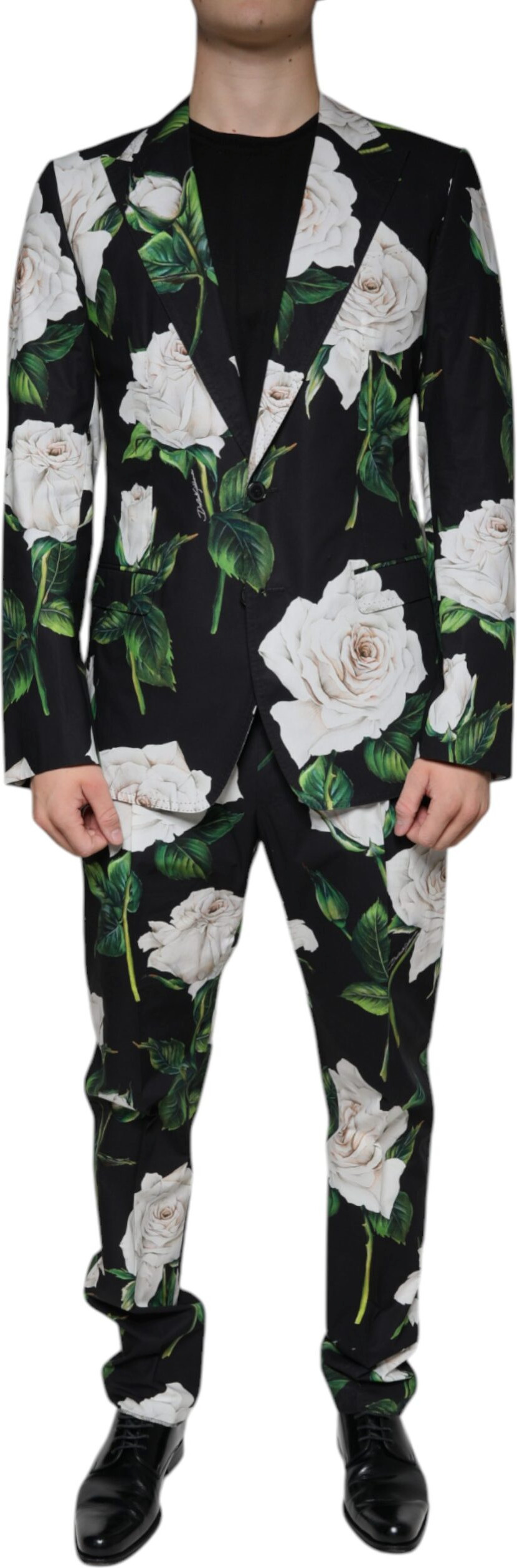 Suit Dolce & Gabbana Black Rose Cotton Men Formal 2 Piece