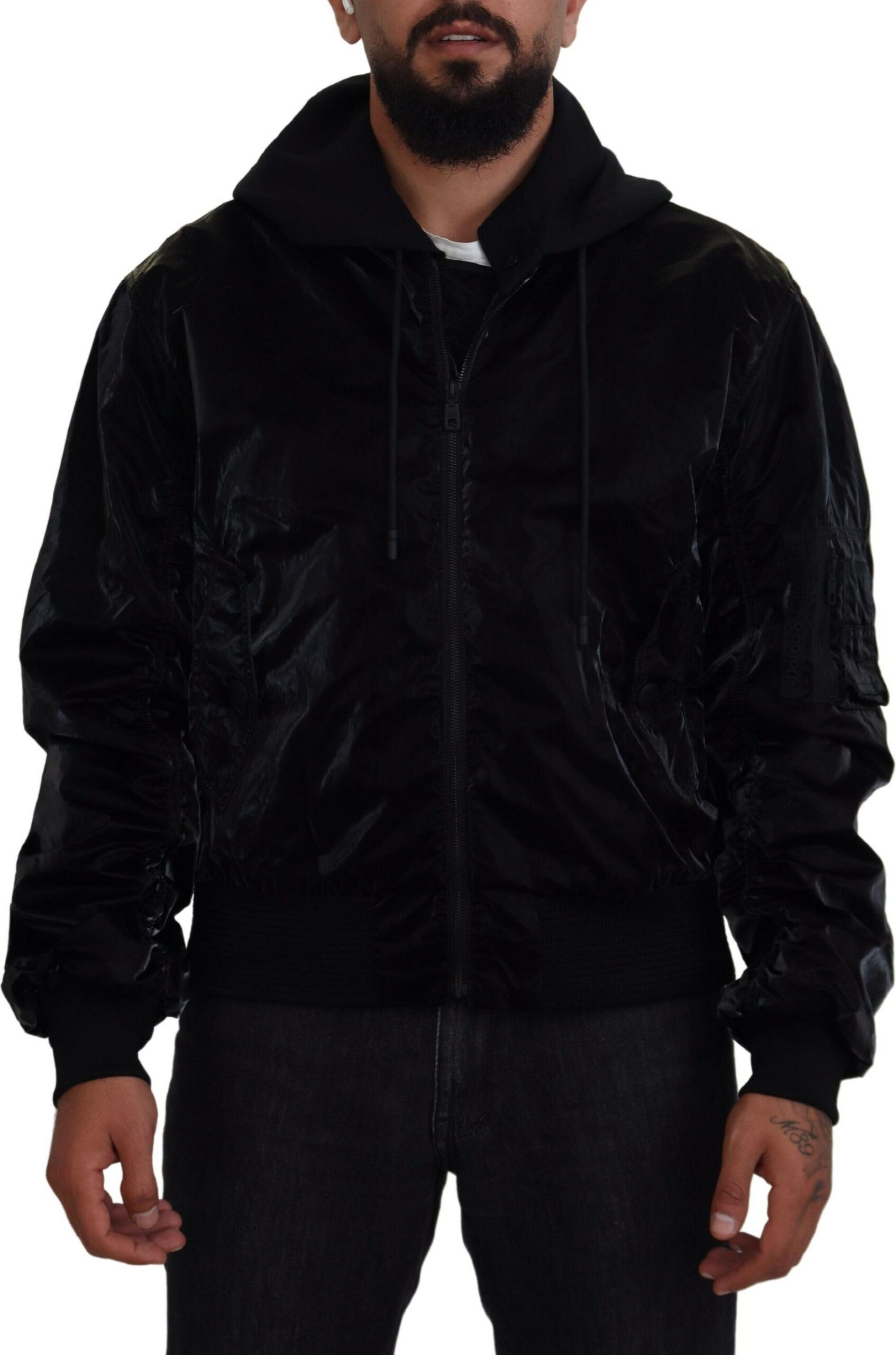Dolce & Gabbana Qora Kaputli To'liq Fermuarli Bombers Jeketi