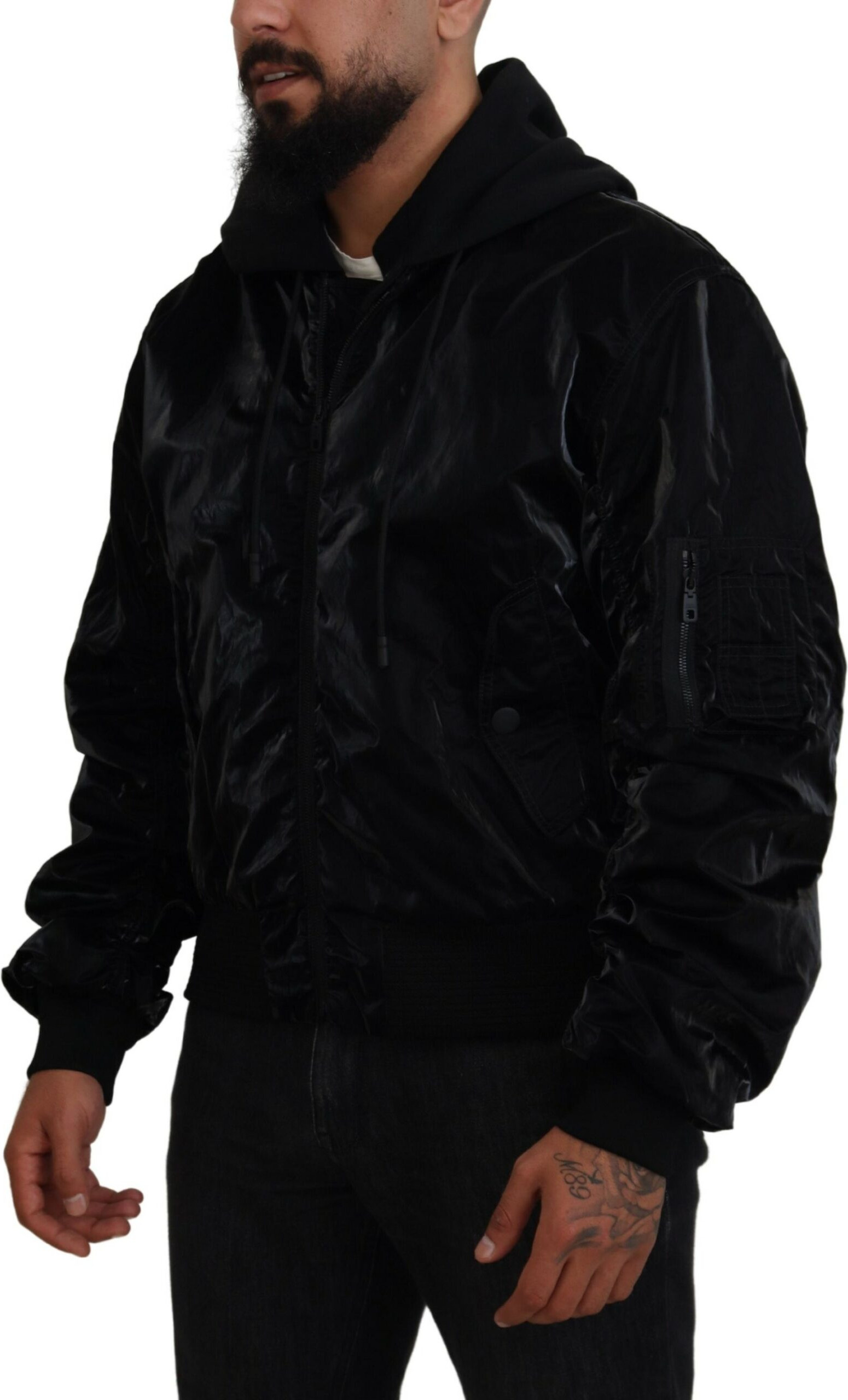 Dolce & Gabbana Black Nylon Hooded Full Zip Bomber Jacket