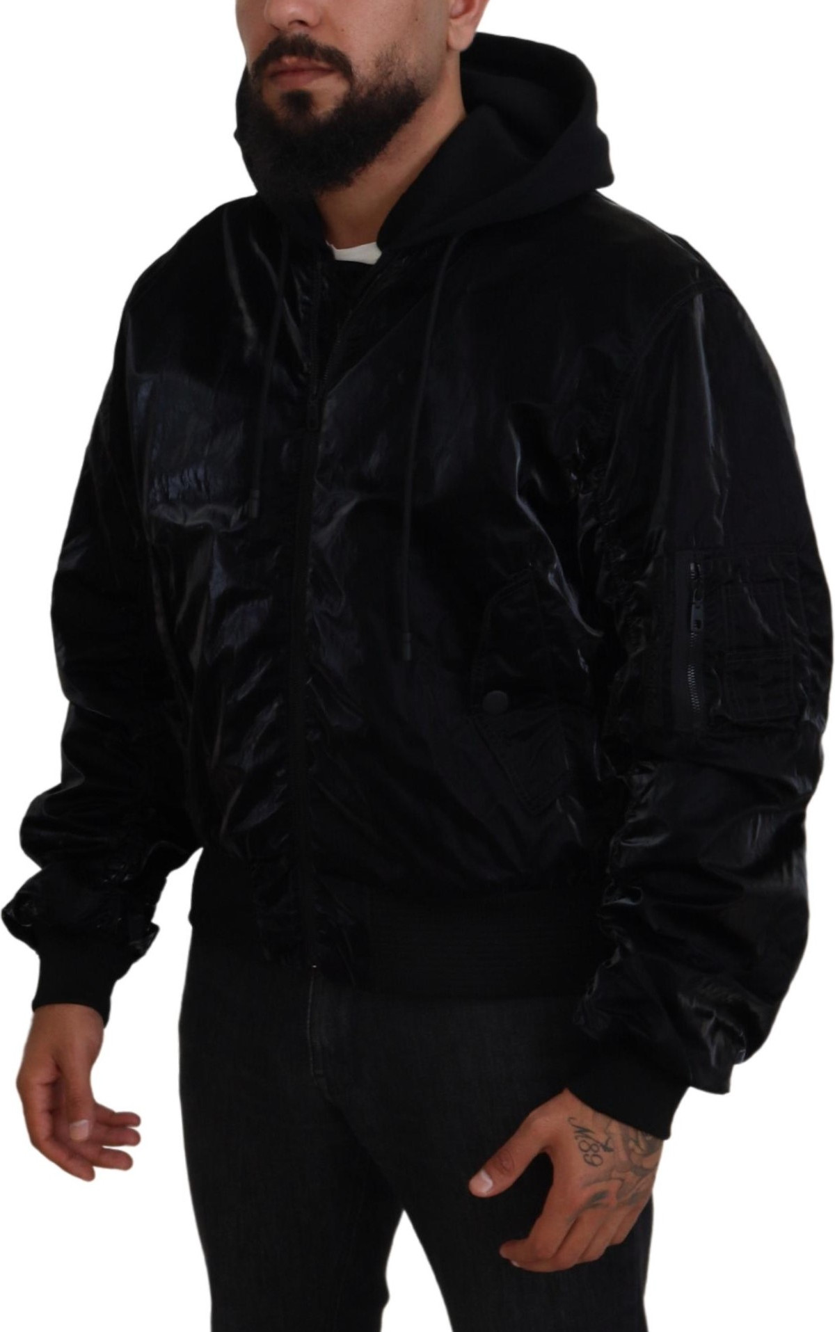 Dolce & Gabbana Black Nylon Hooded Full Zip Bomber Jacket