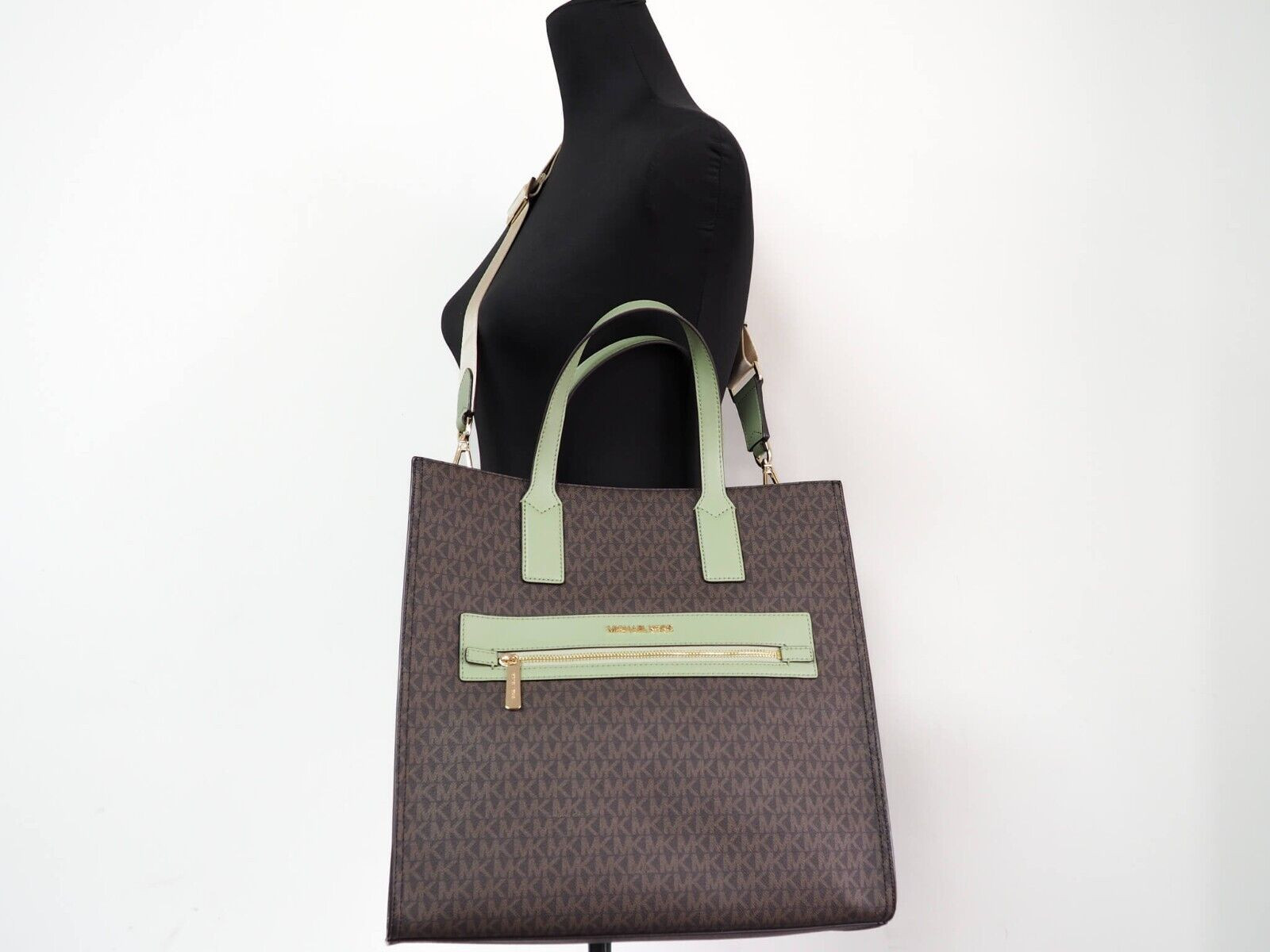 Tote Handbag Michael Kors Kenly Large Brown PVC Light Sage North South Tote Computer Handbag