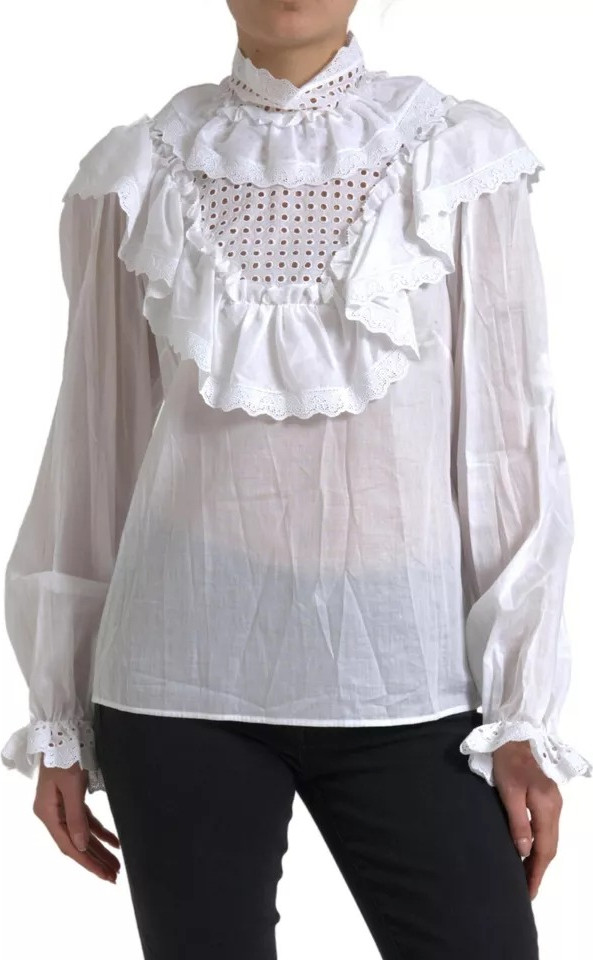 White Cotton Lace Trim Turtle Neck Blouse Dolce & Gabbana