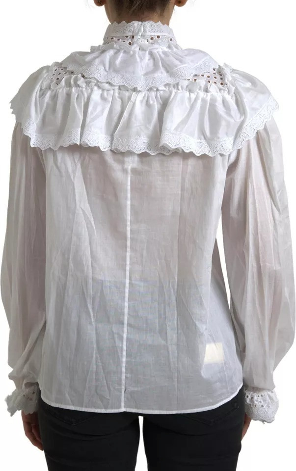White Cotton Lace Trim Turtle Neck Blouse Dolce & Gabbana