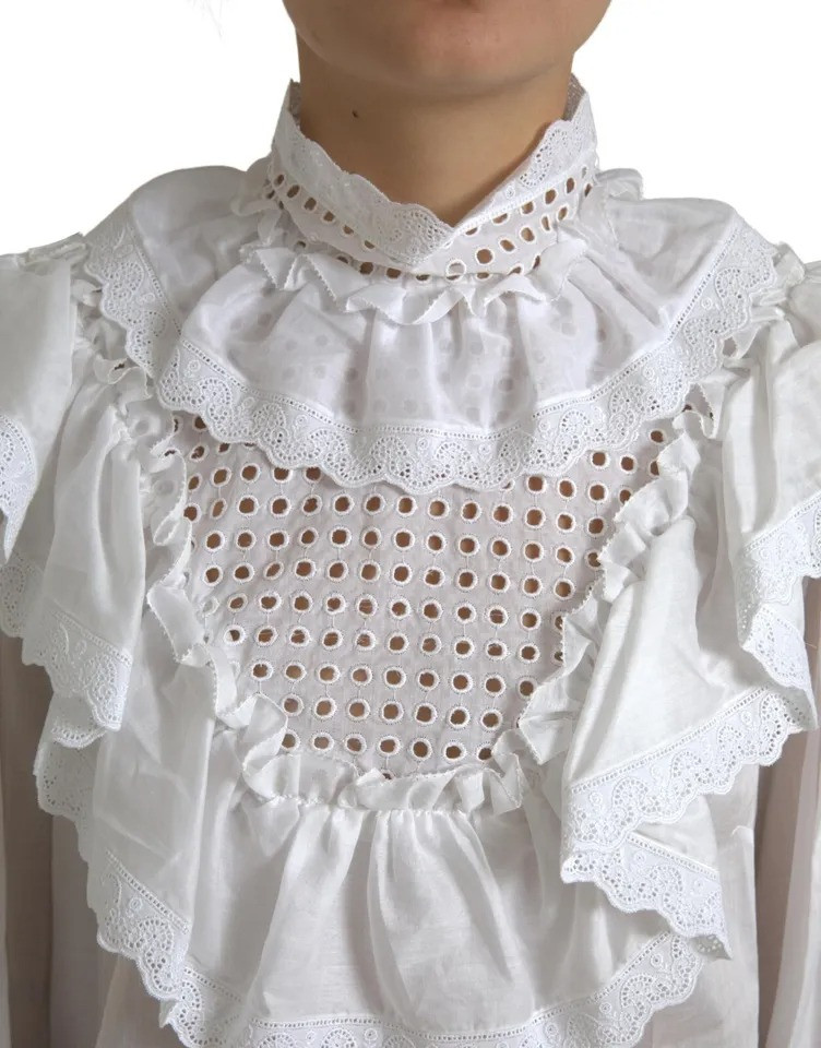 White Cotton Lace Trim Turtle Neck Blouse Dolce & Gabbana