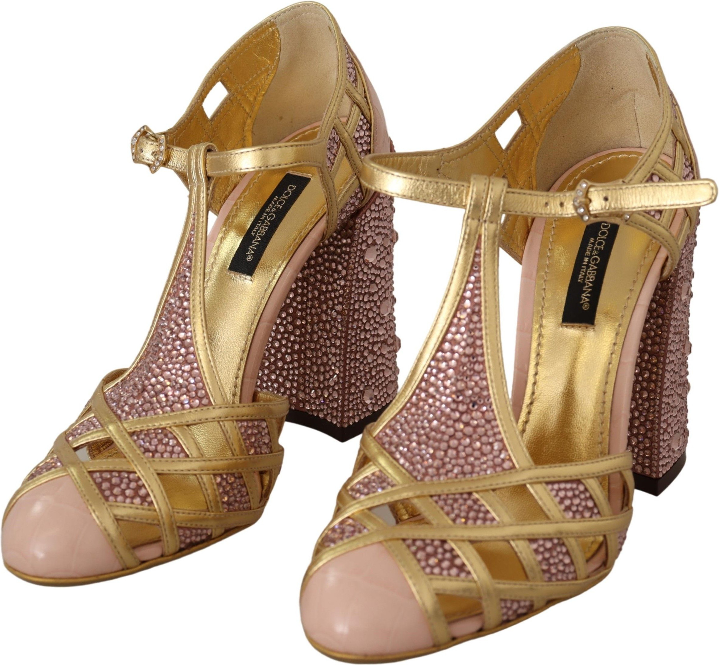 Shoes Dolce & Gabbana Pink Gold Leather Crystal Pumps T-strap Shoes