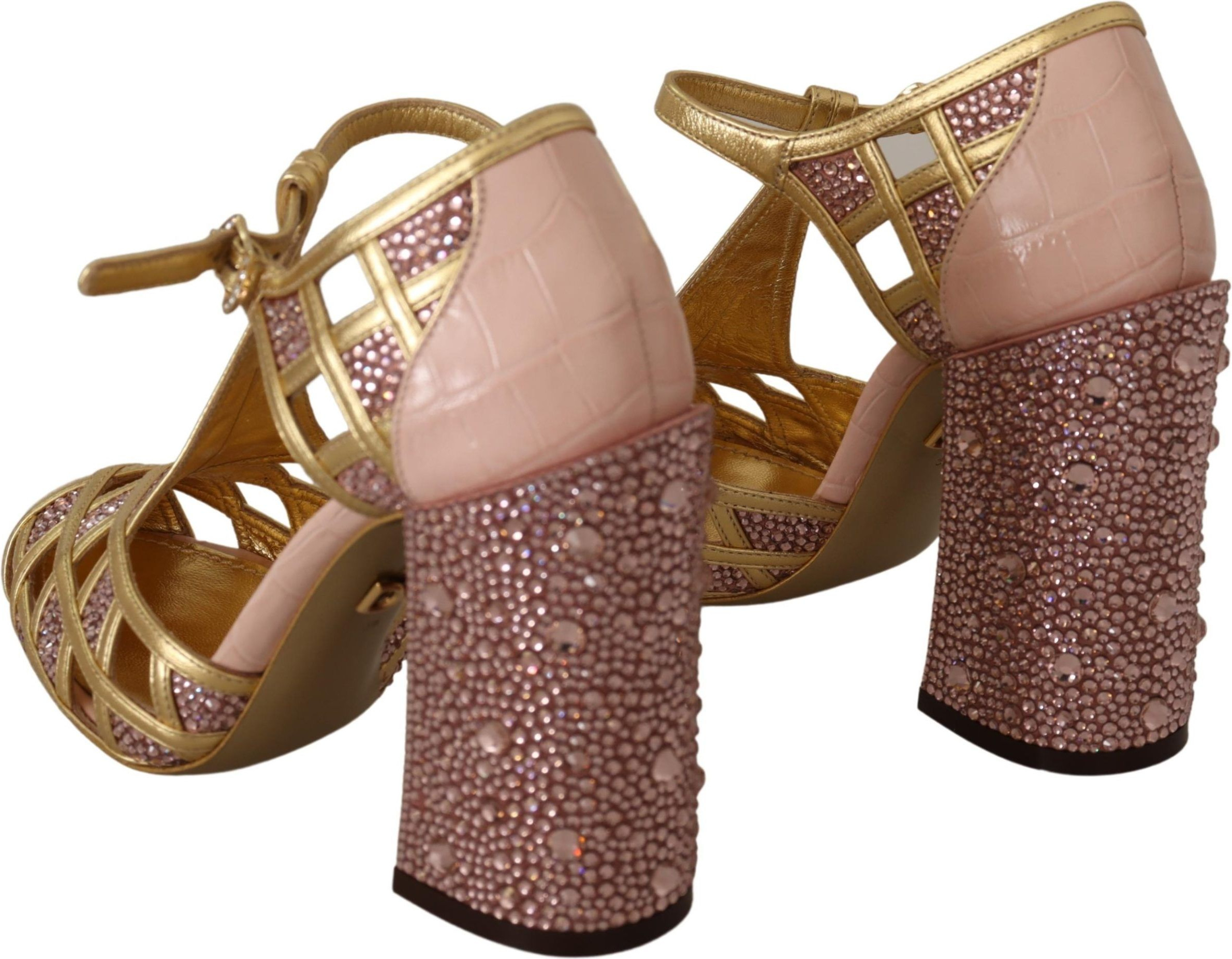 Shoes Dolce & Gabbana Pink Gold Leather Crystal Pumps T-strap Shoes