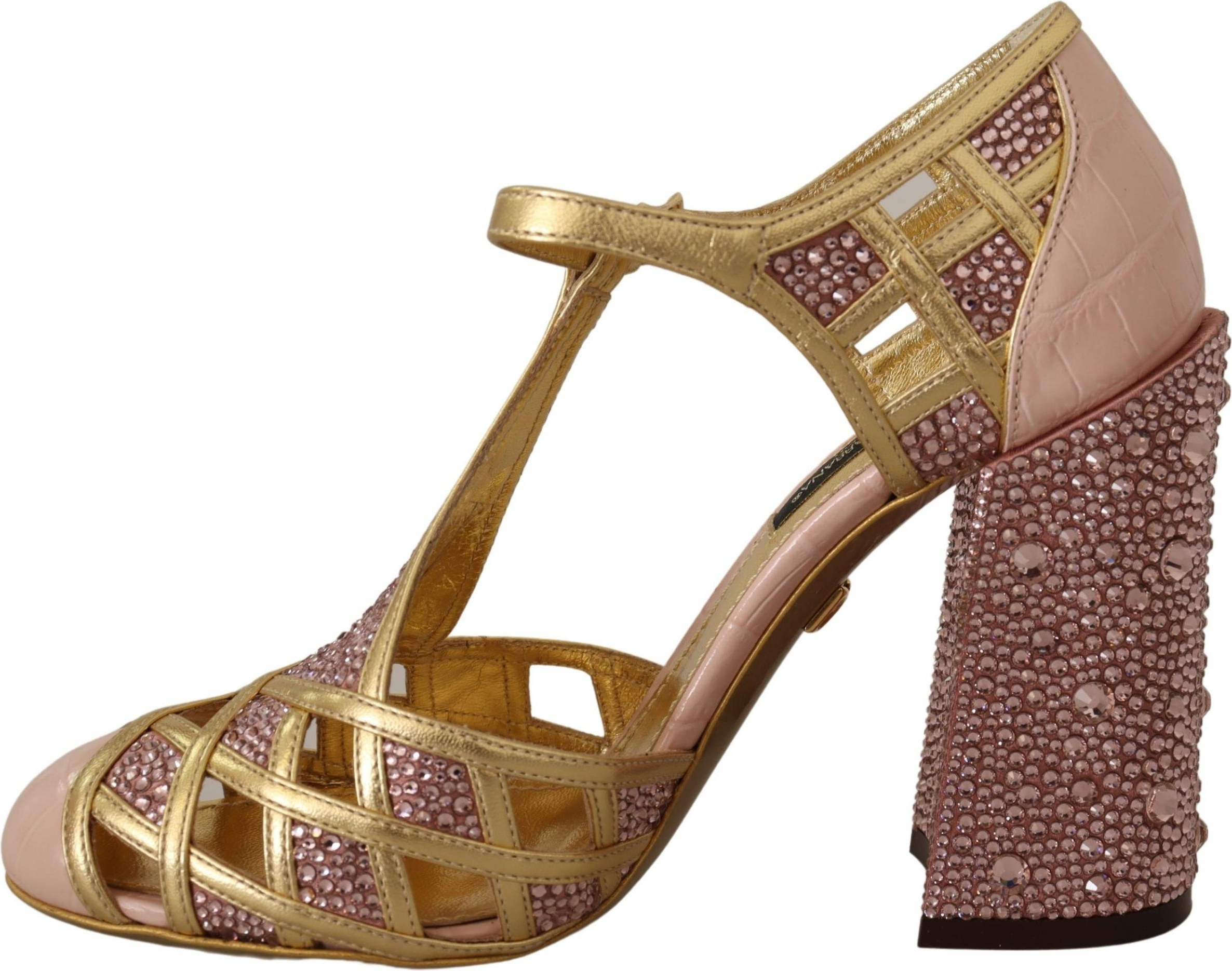 Shoes Dolce & Gabbana Pink Gold Leather Crystal Pumps T-strap Shoes