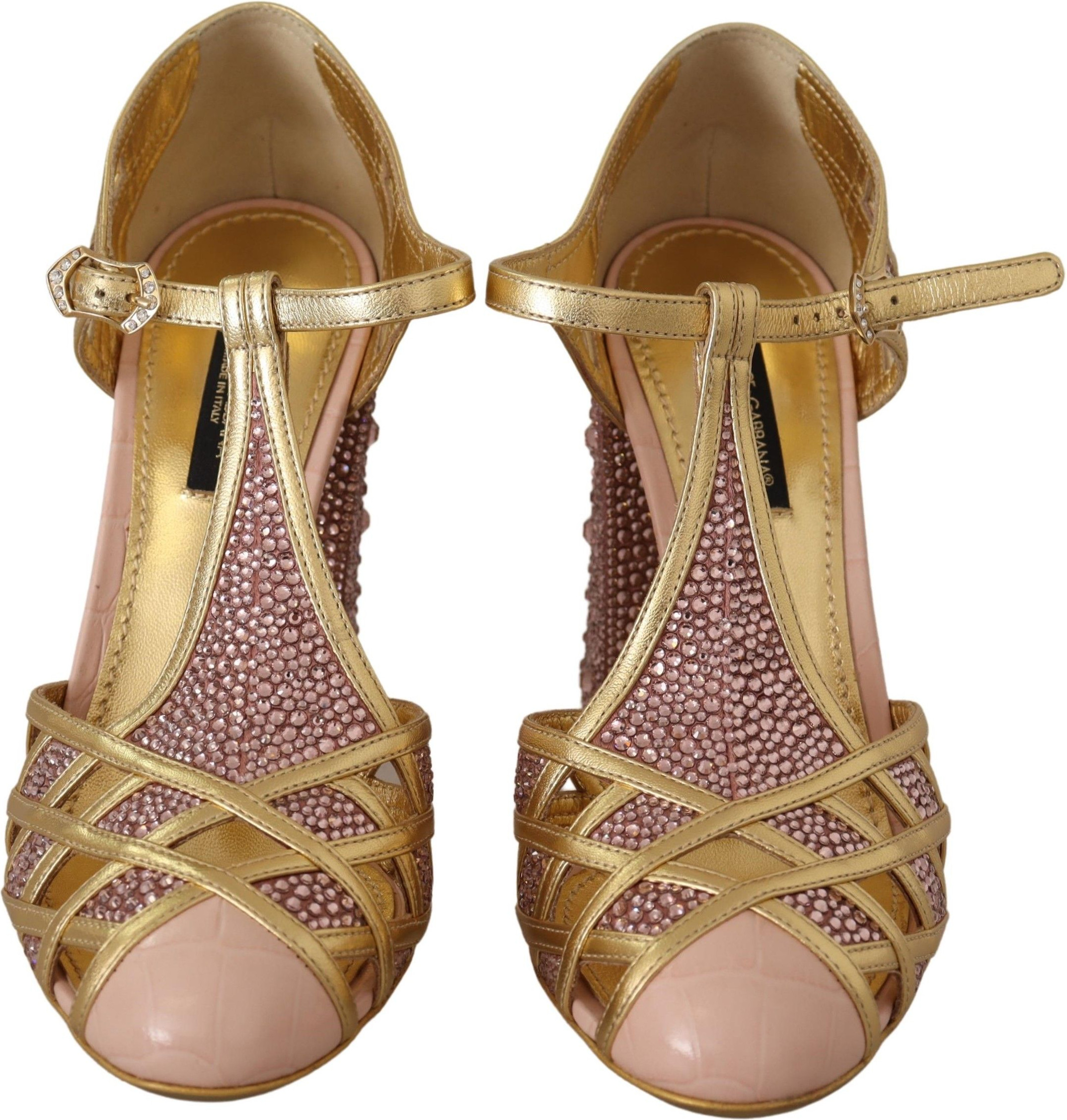 Shoes Dolce & Gabbana Pink Gold Leather Crystal Pumps T-strap Shoes