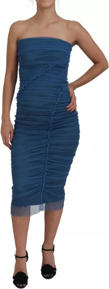 Blue Mesh Trim Ruched Tulle Sheath Dress Dolce & Gabbana
