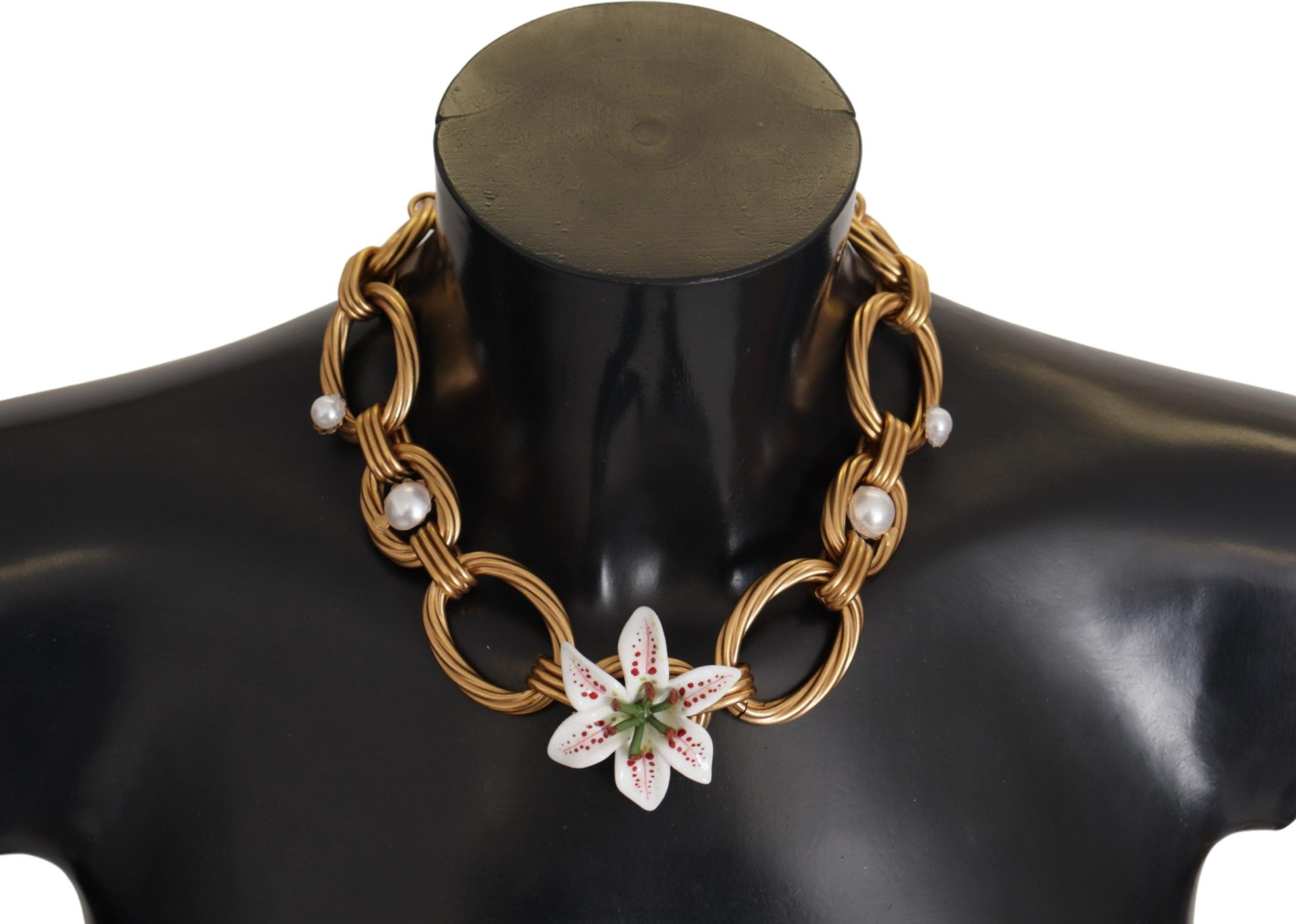 Dolce & Gabbana Gold White Lily Floral Chain Statement Necklace