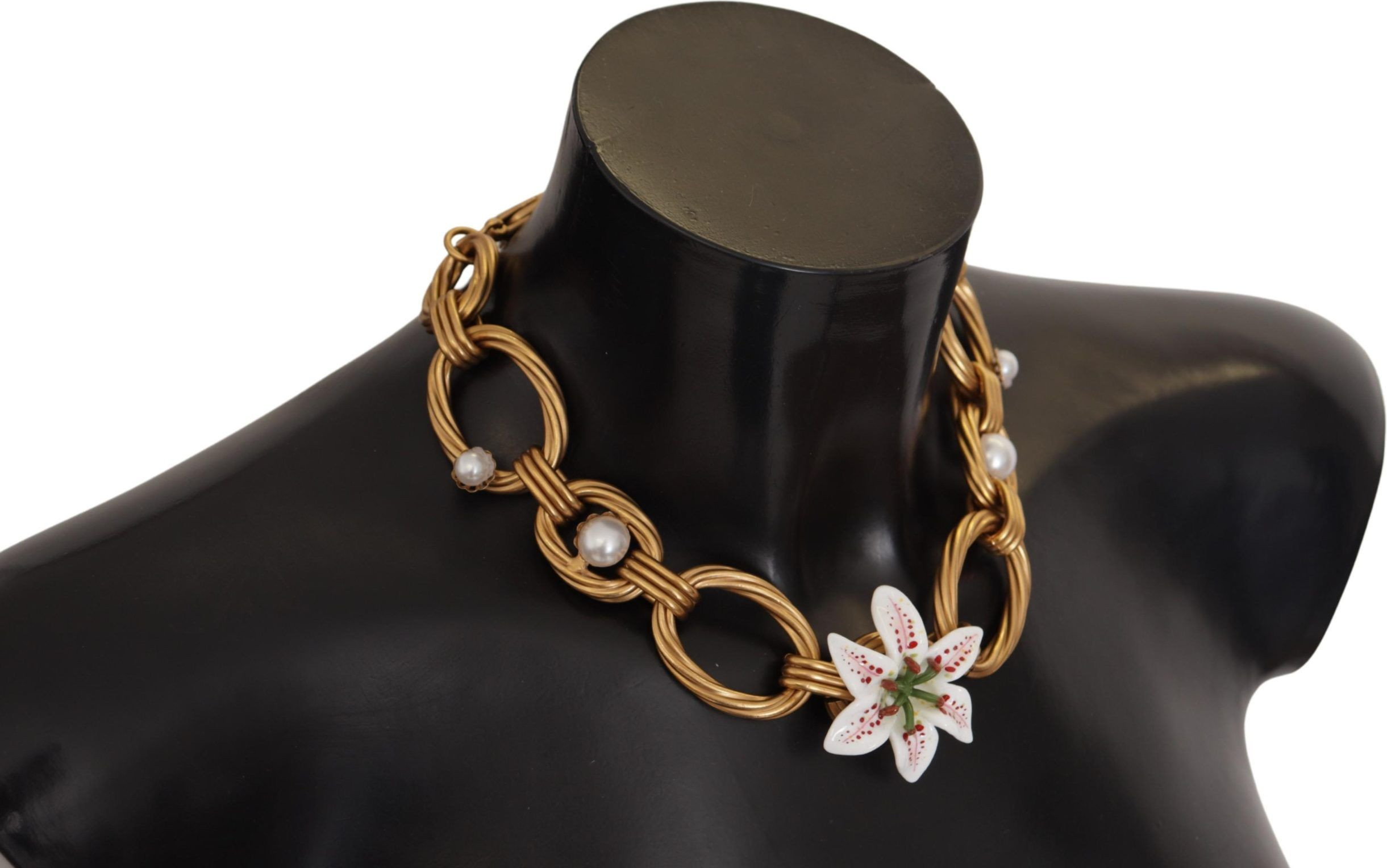 Dolce & Gabbana Gold White Lily Floral Chain Statement Necklace