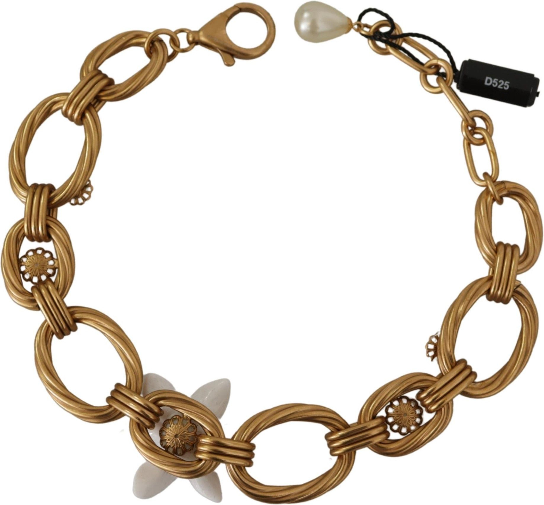 Dolce & Gabbana Gold White Lily Floral Chain Statement Necklace
