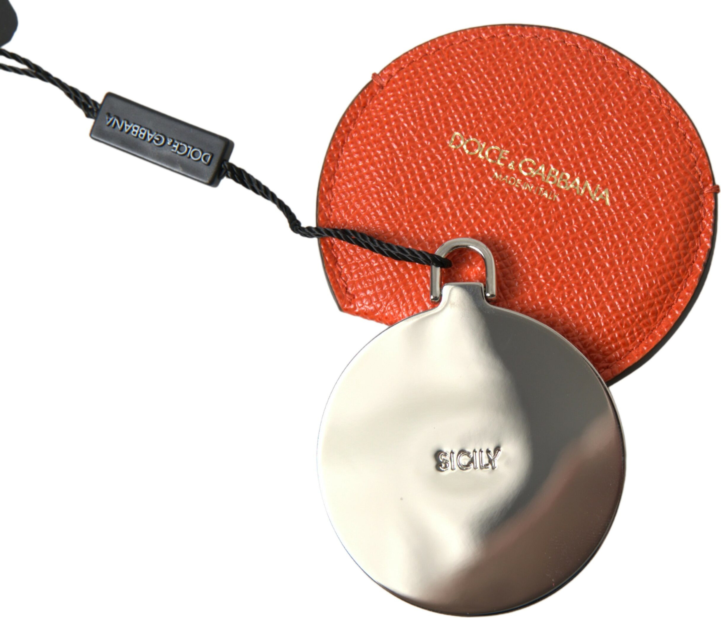 Hand Mirror Holder Dolce & Gabbana Orange Calfskin Leather Round Logo