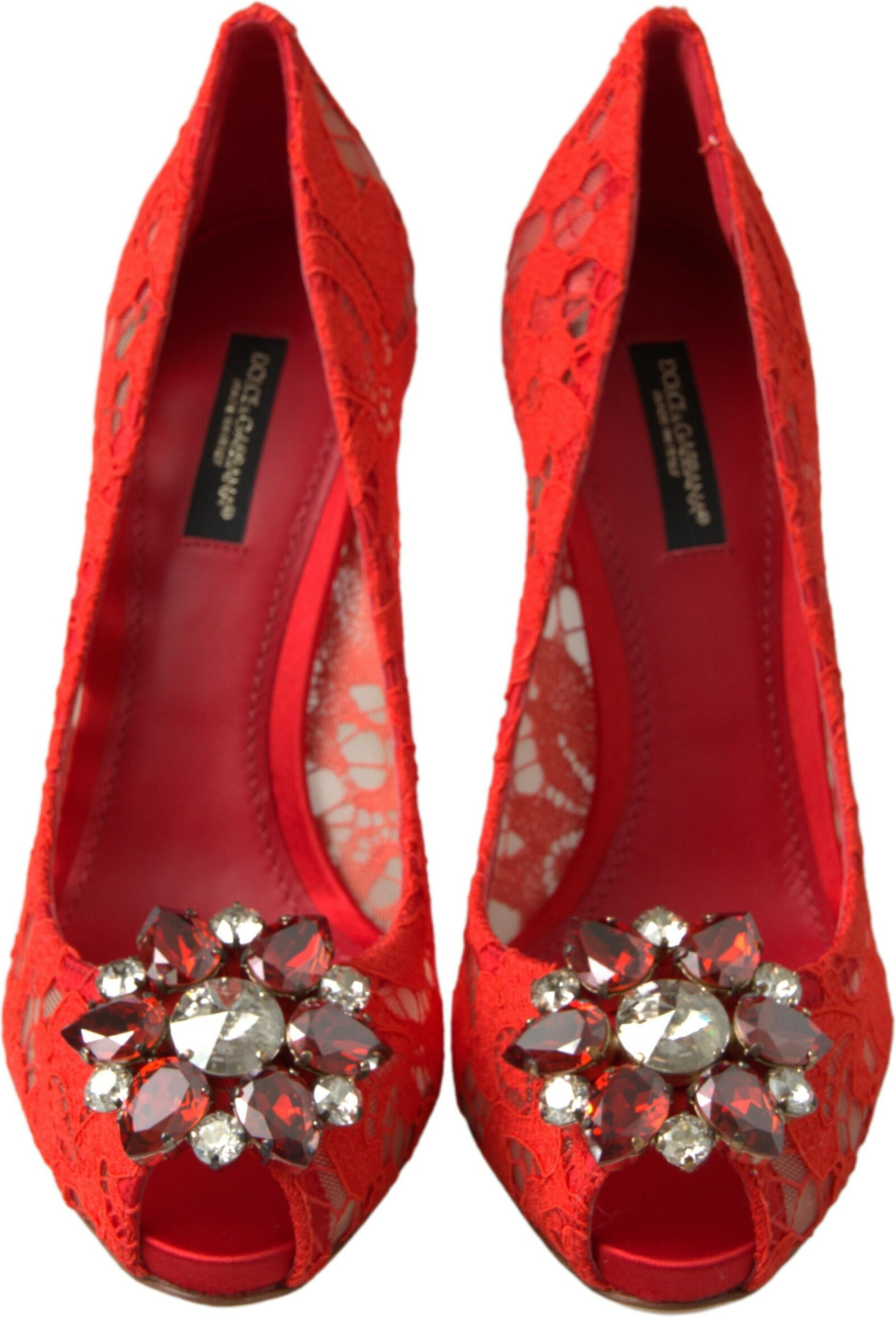 Красные босоножки Dolce & Gabbana Taormina из кружева с кристаллами, коллекция Rainbow
